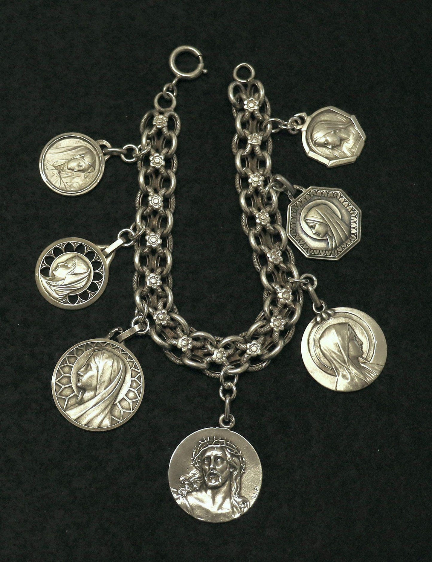 Vintage, Heavy, All Sterling Charm Art Nouveau Bracelet w 7 Rare Large Pristine Religious Medals - 1915
