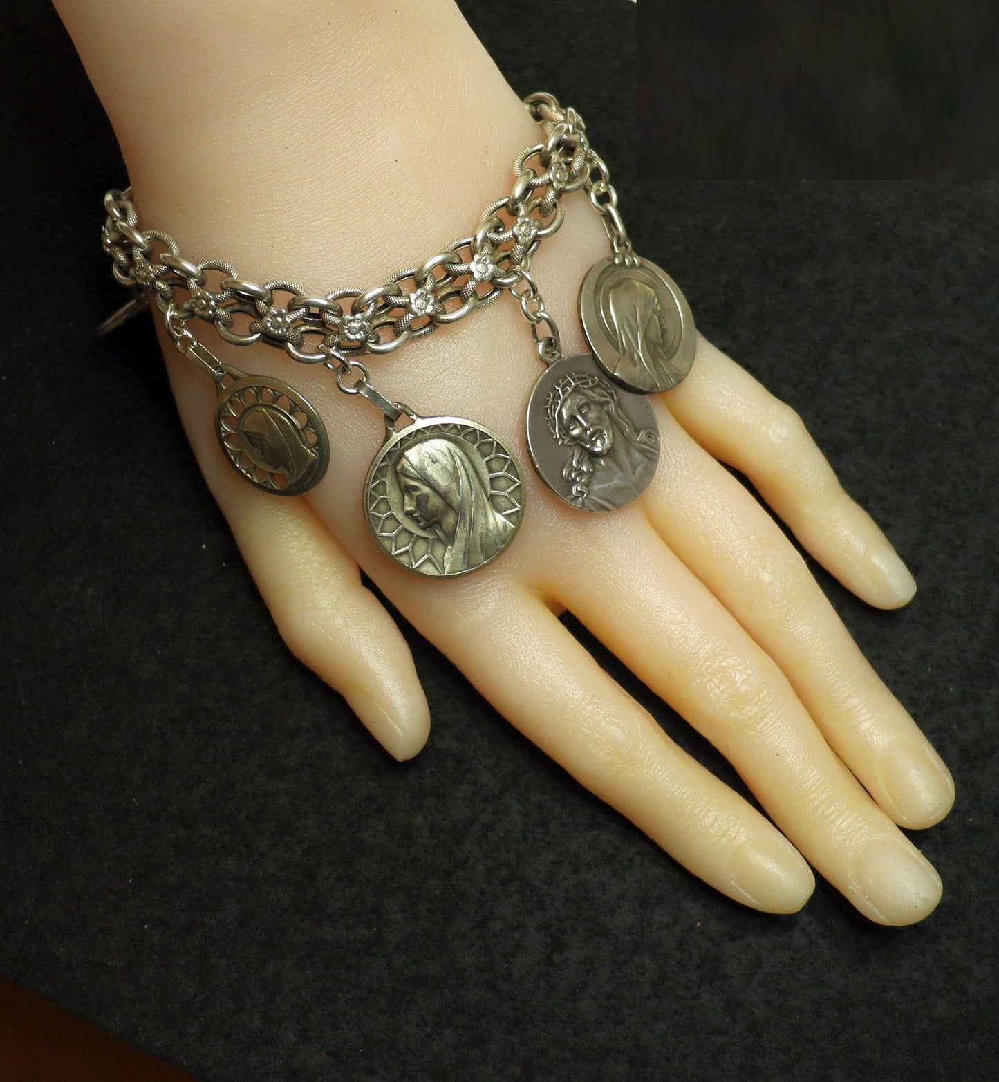 Vintage, Heavy, All Sterling Charm Art Nouveau Bracelet w 7 Rare Large Pristine Religious Medals - 1915