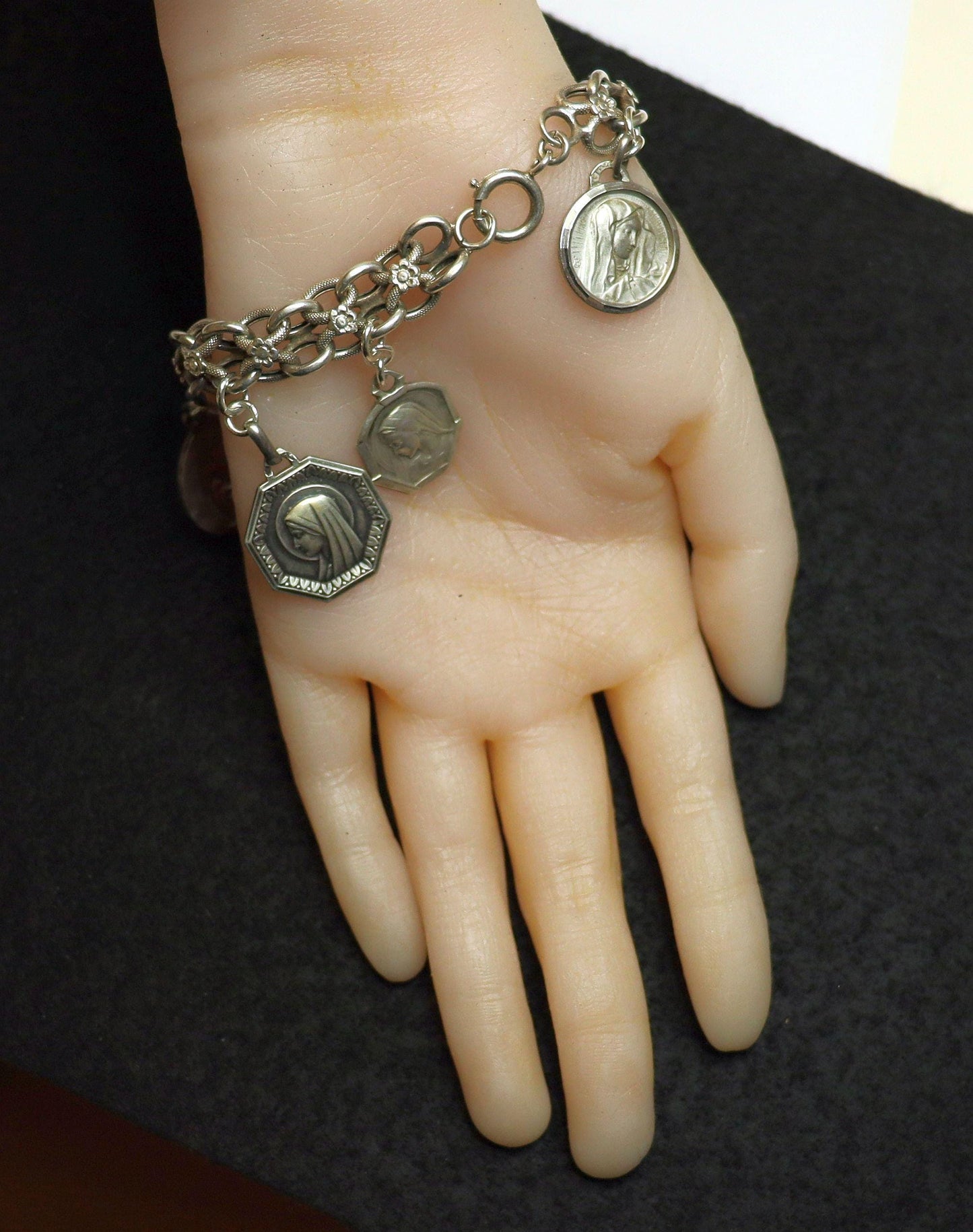 Vintage, Heavy, All Sterling Charm Art Nouveau Bracelet w 7 Rare Large Pristine Religious Medals - 1915