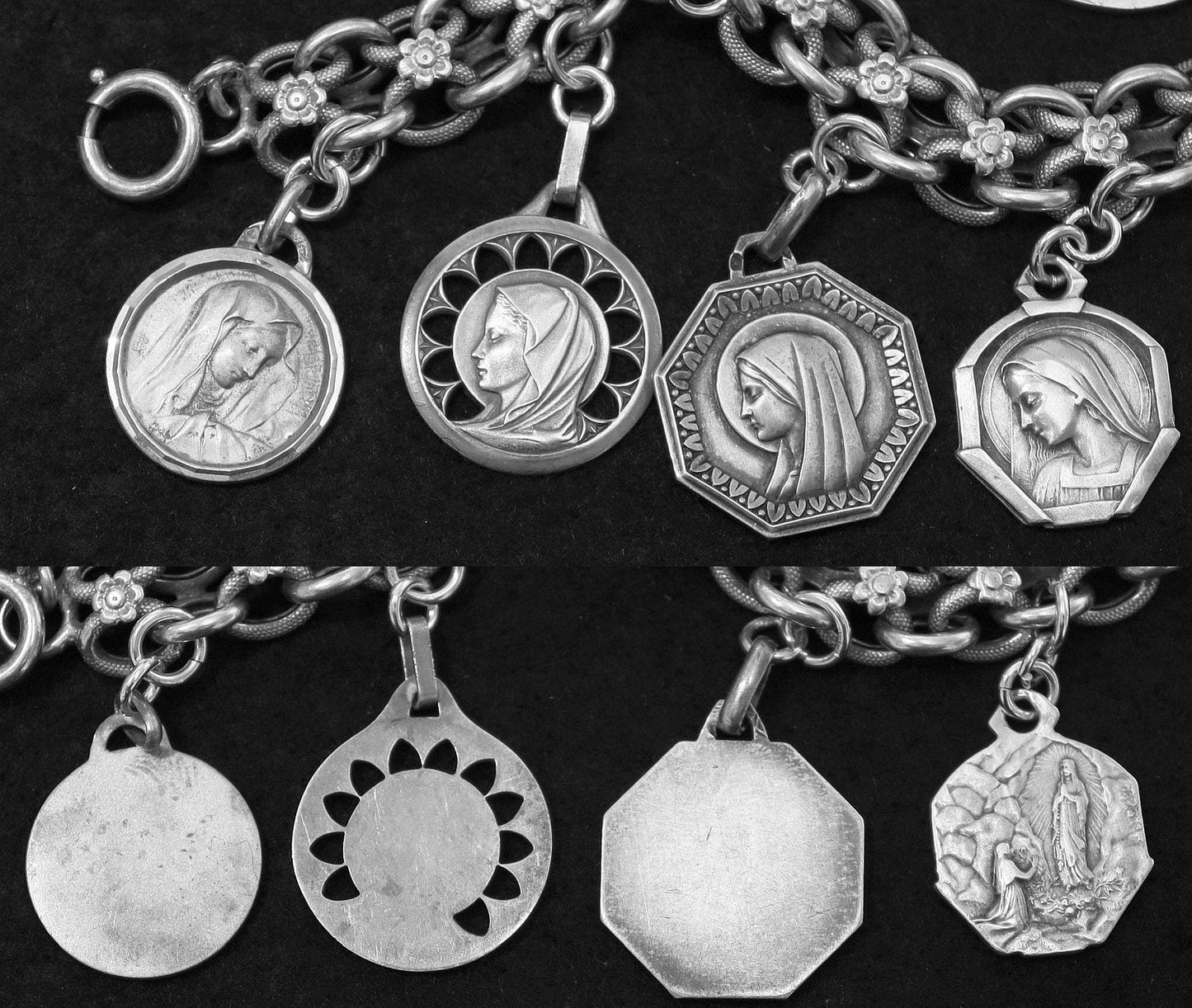 Vintage, Heavy, All Sterling Charm Art Nouveau Bracelet w 7 Rare Large Pristine Religious Medals - 1915