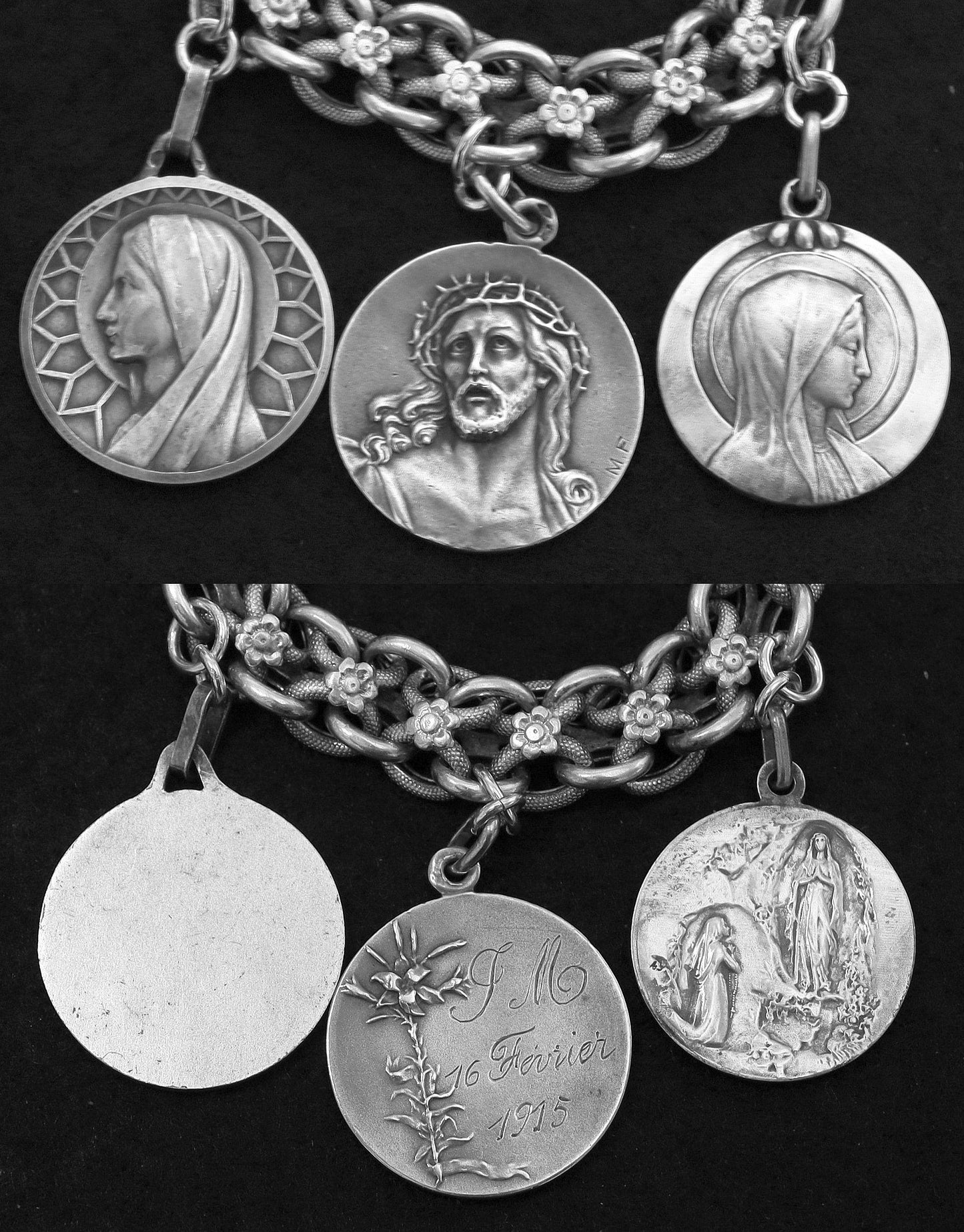 Vintage, Heavy, All Sterling Charm Art Nouveau Bracelet w 7 Rare Large Pristine Religious Medals - 1915