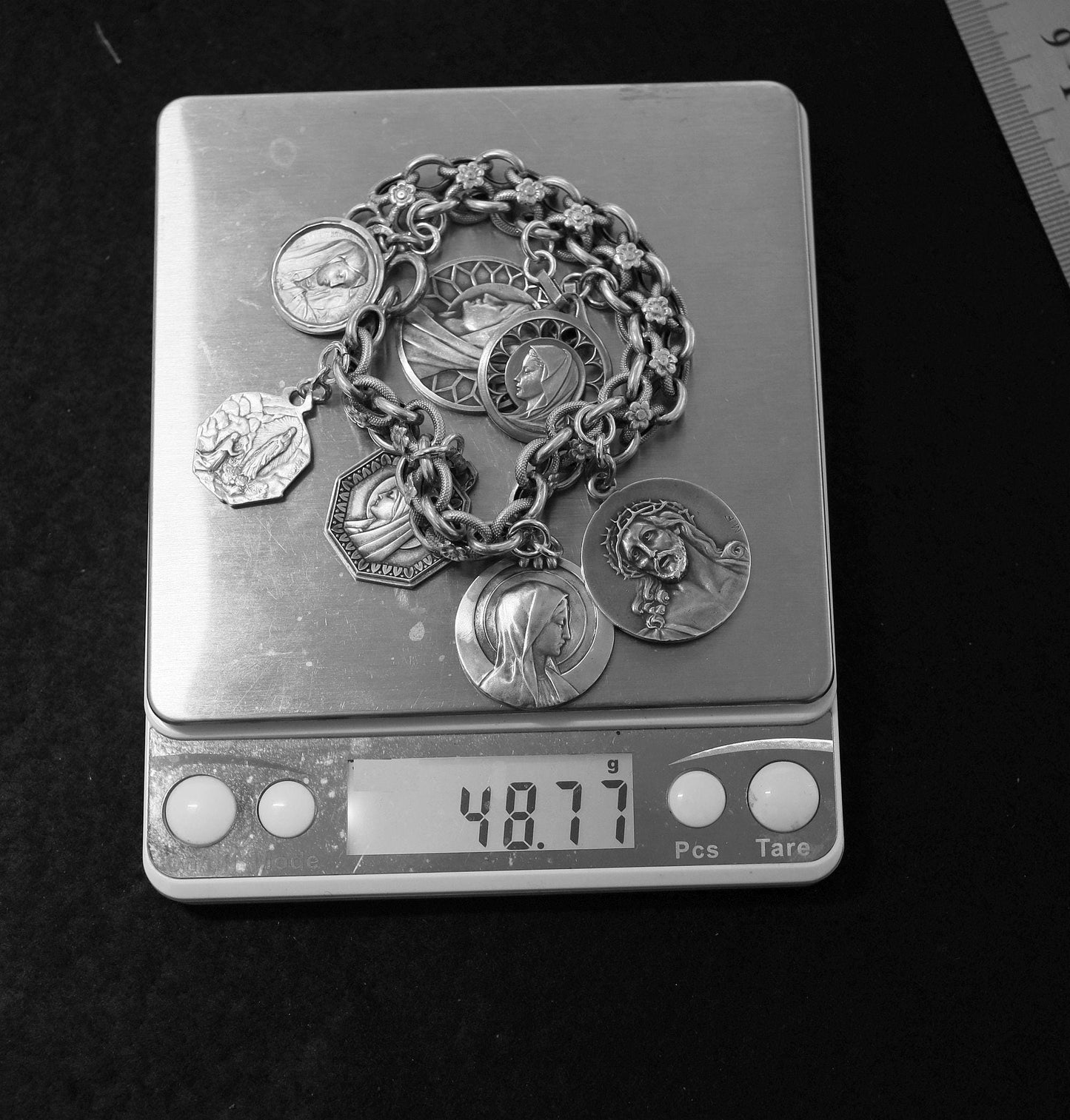 Vintage, Heavy, All Sterling Charm Art Nouveau Bracelet w 7 Rare Large Pristine Religious Medals - 1915