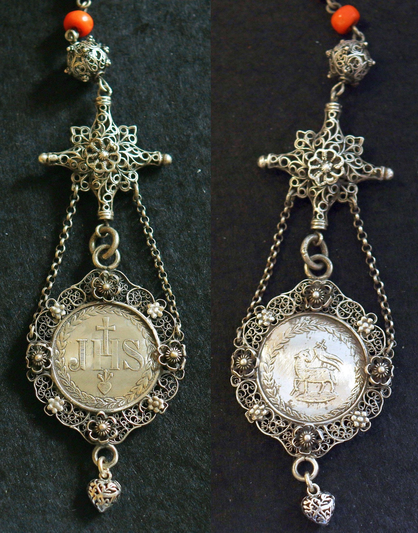Mid 19th Cent Bavarian Coral & Sterling Silver Catholic Chain Rosary with Unique Agnus Dei Medal - Xtreme Rarity