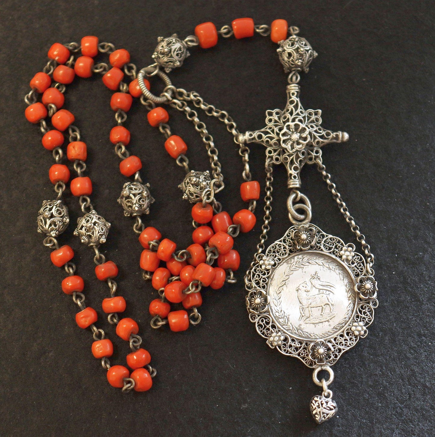 Mid 19th Cent Bavarian Coral & Sterling Silver Catholic Chain Rosary with Unique Agnus Dei Medal - Xtreme Rarity