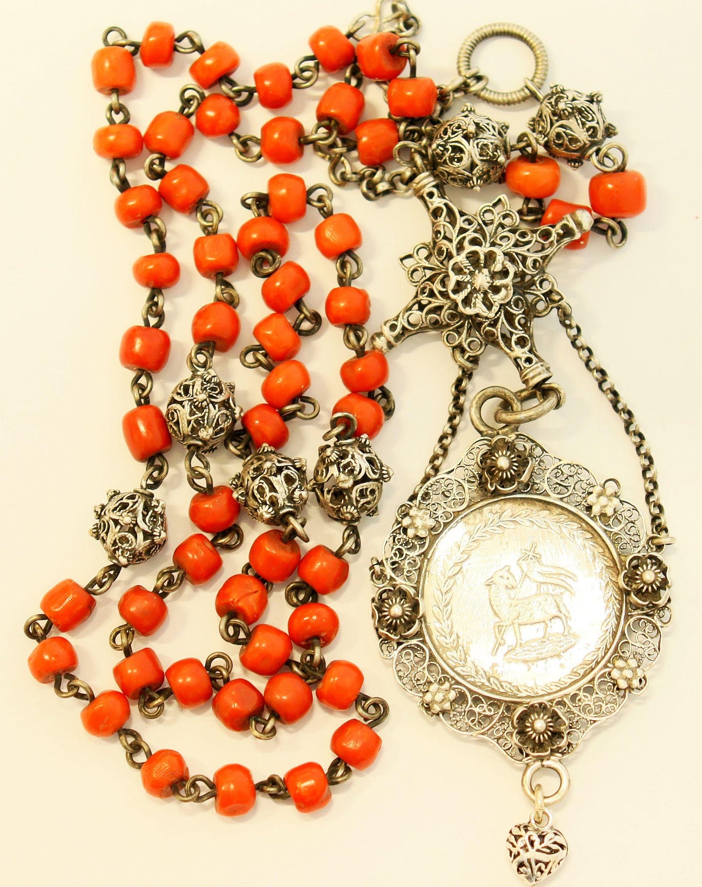 Mid 19th Cent Bavarian Coral & Sterling Silver Catholic Chain Rosary with Unique Agnus Dei Medal - Xtreme Rarity