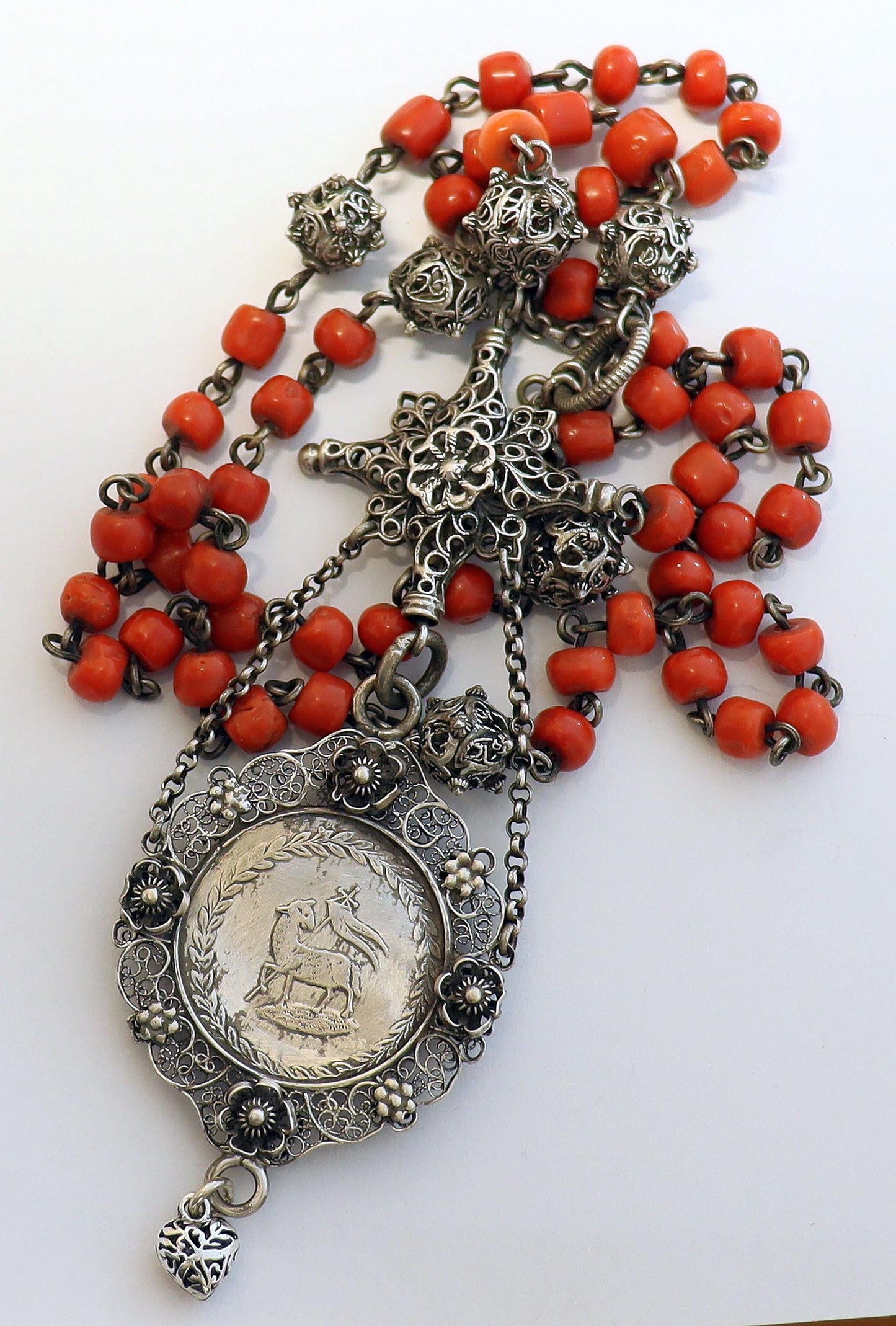 Mid 19th Cent Bavarian Coral & Sterling Silver Catholic Chain Rosary with Unique Agnus Dei Medal - Xtreme Rarity