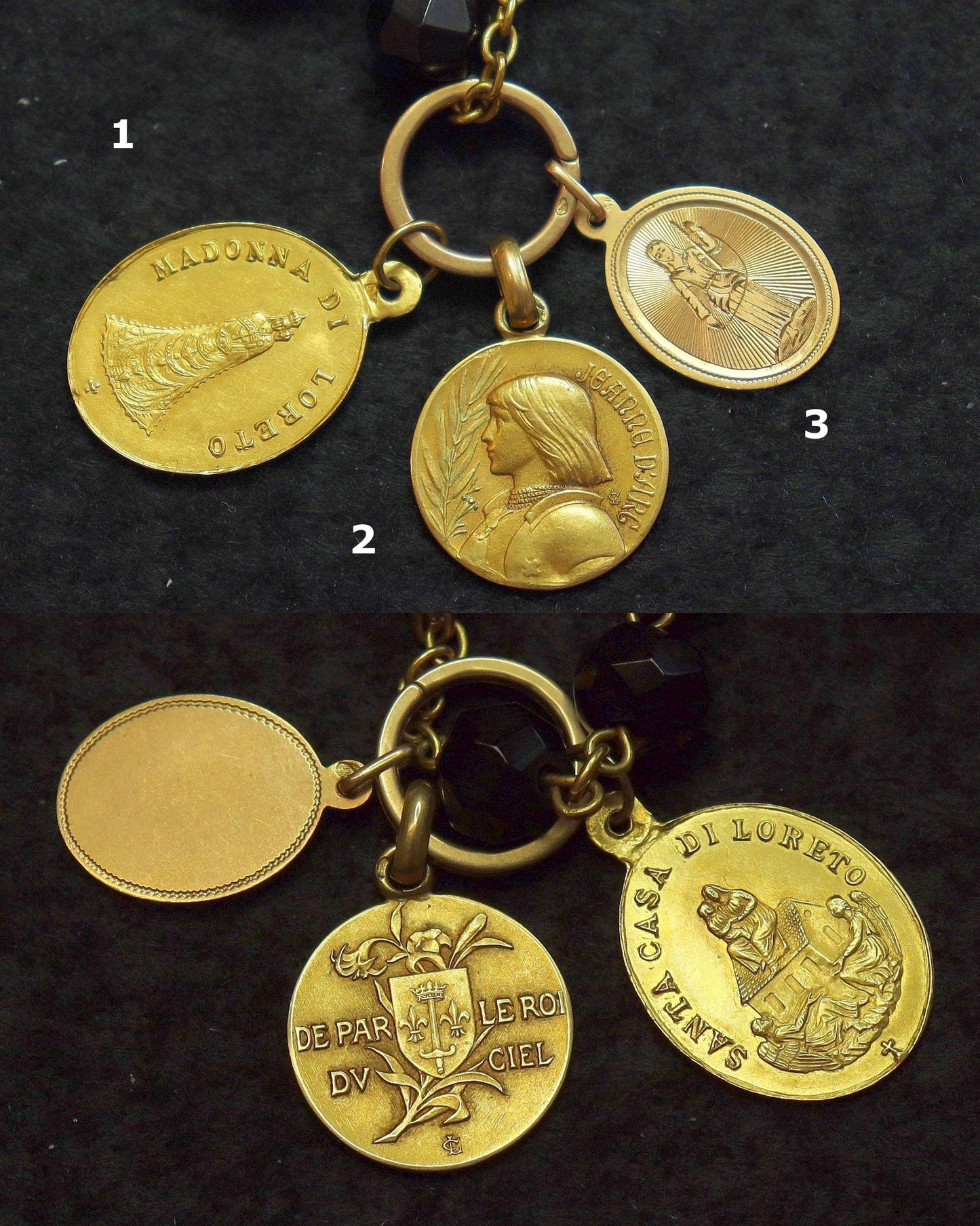 18K Solid Gold Catholic Rosary & Faceted Jet Beads, 12 Medals, 19th Cent. Unique Heirloom, Top Rarity