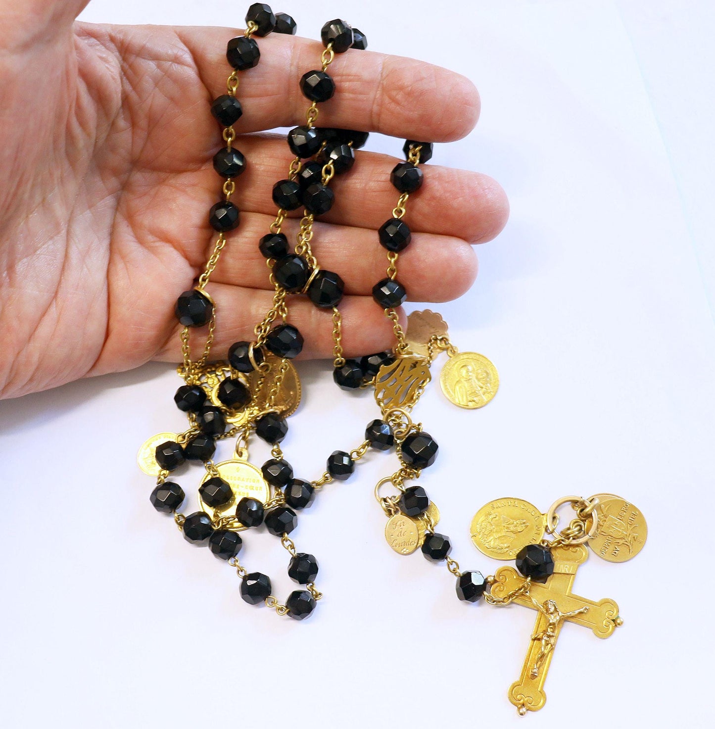 18K Solid Gold Catholic Rosary & Faceted Jet Beads, 12 Medals, 19th Cent. Unique Heirloom, Top Rarity