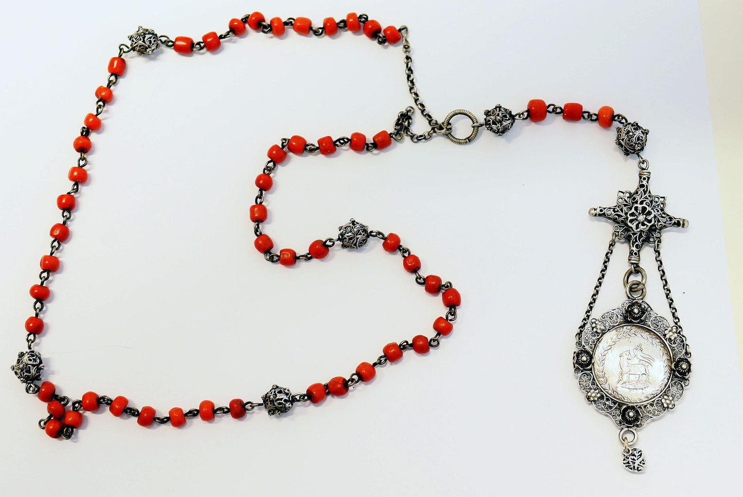 Mid 19th Cent Bavarian Coral & Sterling Silver Catholic Chain Rosary with Unique Agnus Dei Medal - Xtreme Rarity