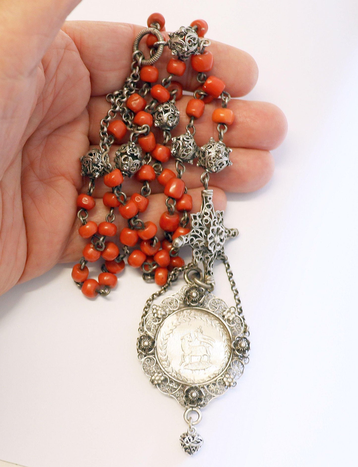 Mid 19th Cent Bavarian Coral & Sterling Silver Catholic Chain Rosary with Unique Agnus Dei Medal - Xtreme Rarity