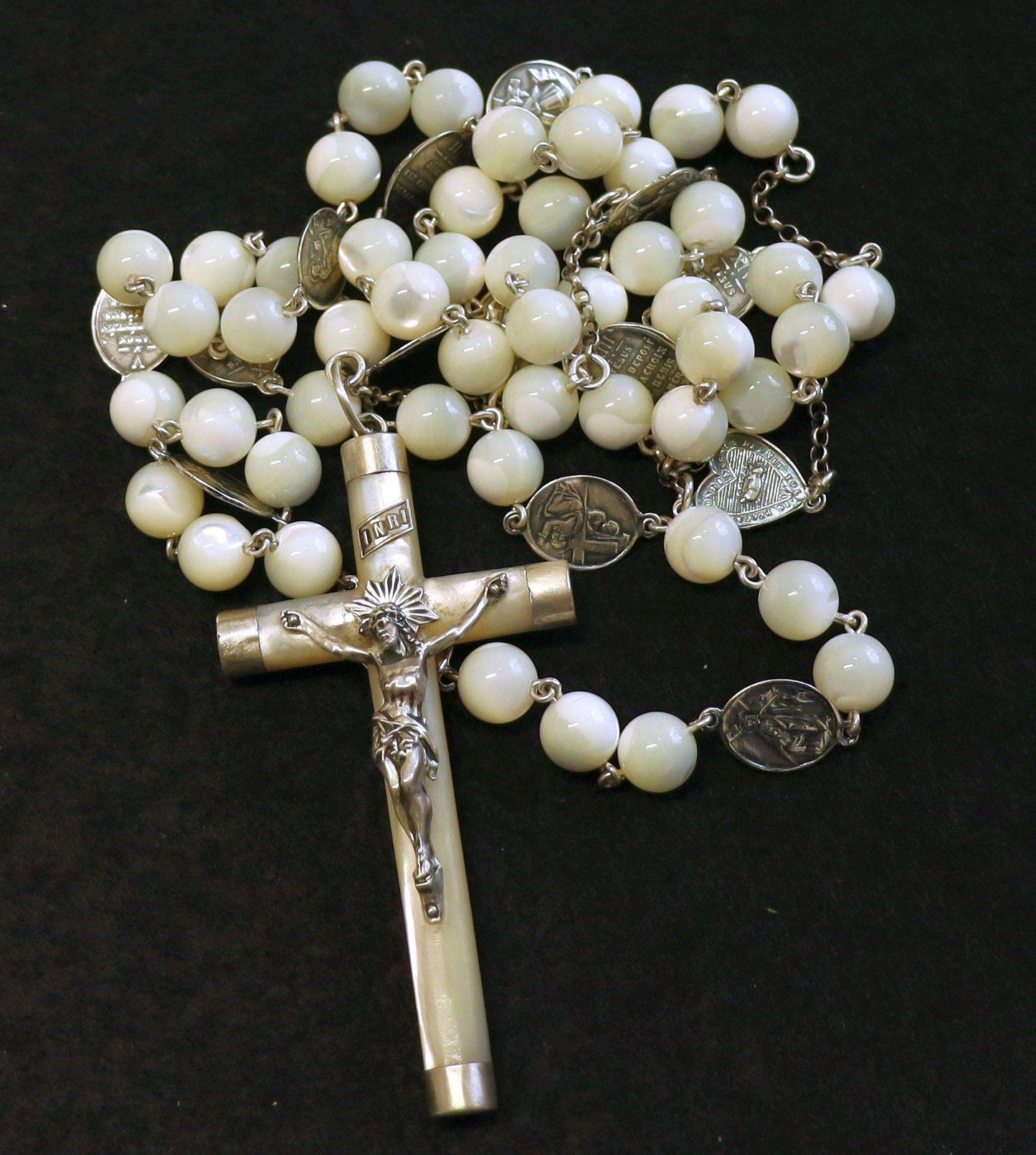 Stations of the Cross Unique Rosary all Vintage Mother Of Pearl w 19th Cent Medals and Art Nouveau Crucifix ALL Sterling Silver