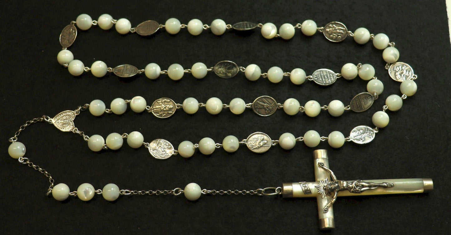 Stations of the Cross Unique Rosary all Vintage Mother Of Pearl w 19th Cent Medals and Art Nouveau Crucifix ALL Sterling Silver