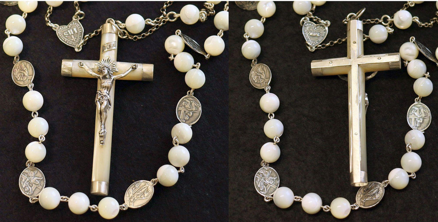 Stations of the Cross Unique Rosary all Vintage Mother Of Pearl w 19th Cent Medals and Art Nouveau Crucifix ALL Sterling Silver