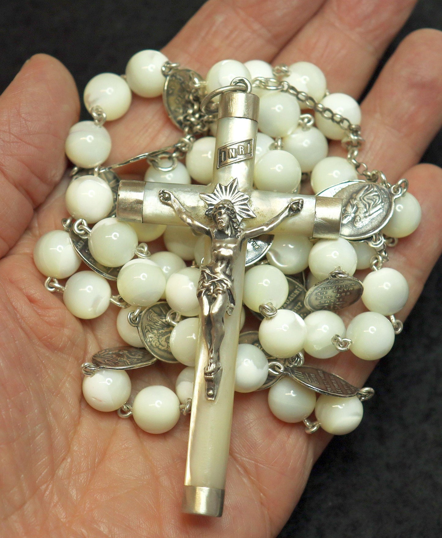 Stations of the Cross Unique Rosary all Vintage Mother Of Pearl w 19th Cent Medals and Art Nouveau Crucifix ALL Sterling Silver