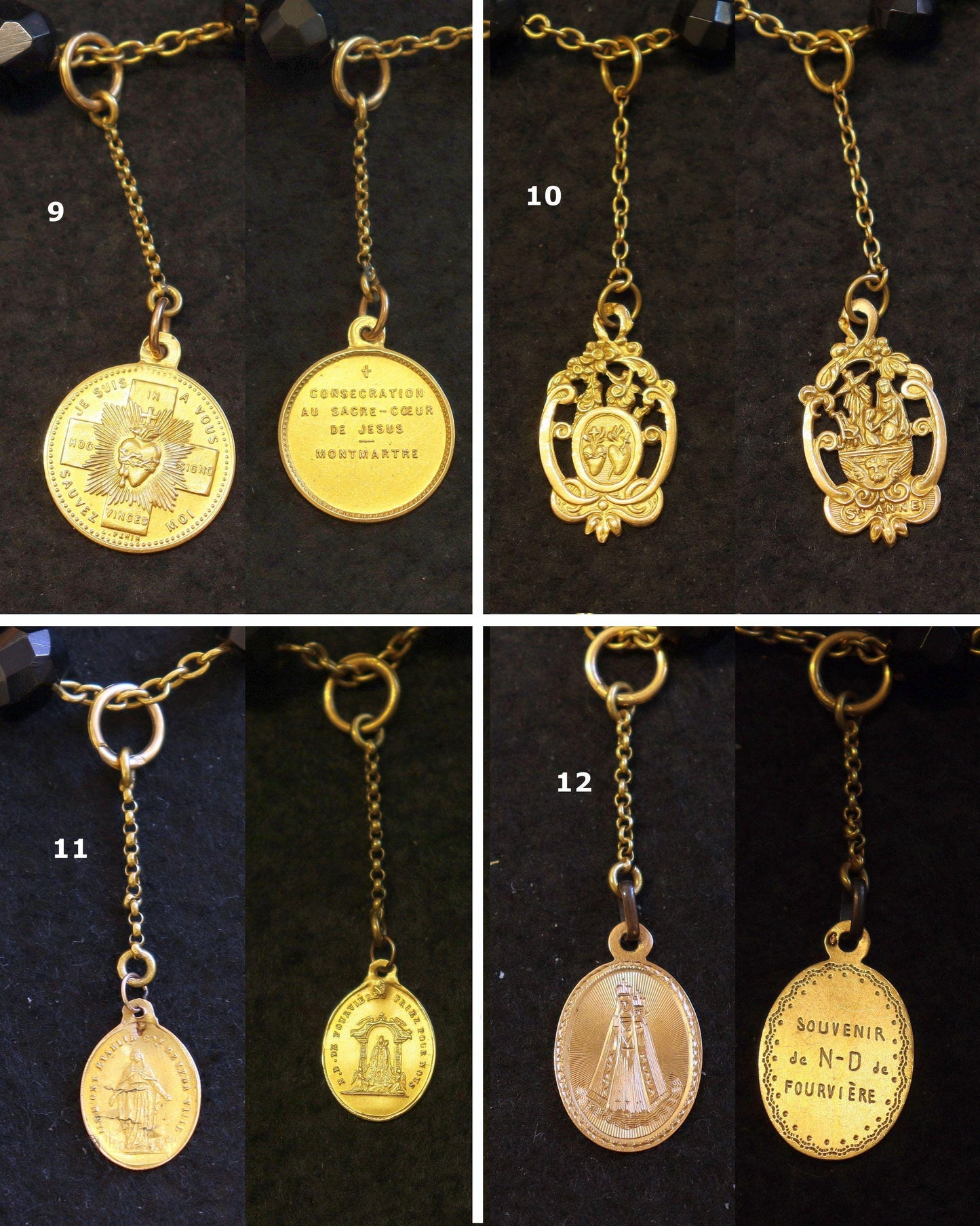 18K Solid Gold Catholic Rosary & Faceted Jet Beads, 12 Medals, 19th Cent. Unique Heirloom, Top Rarity