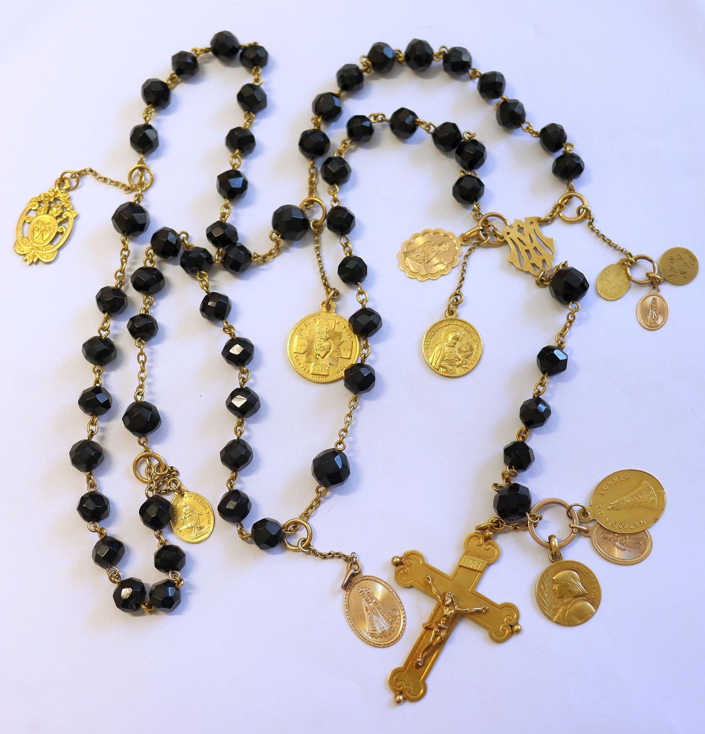 18K Solid Gold Catholic Rosary & Faceted Jet Beads, 12 Medals, 19th Cent. Unique Heirloom, Top Rarity