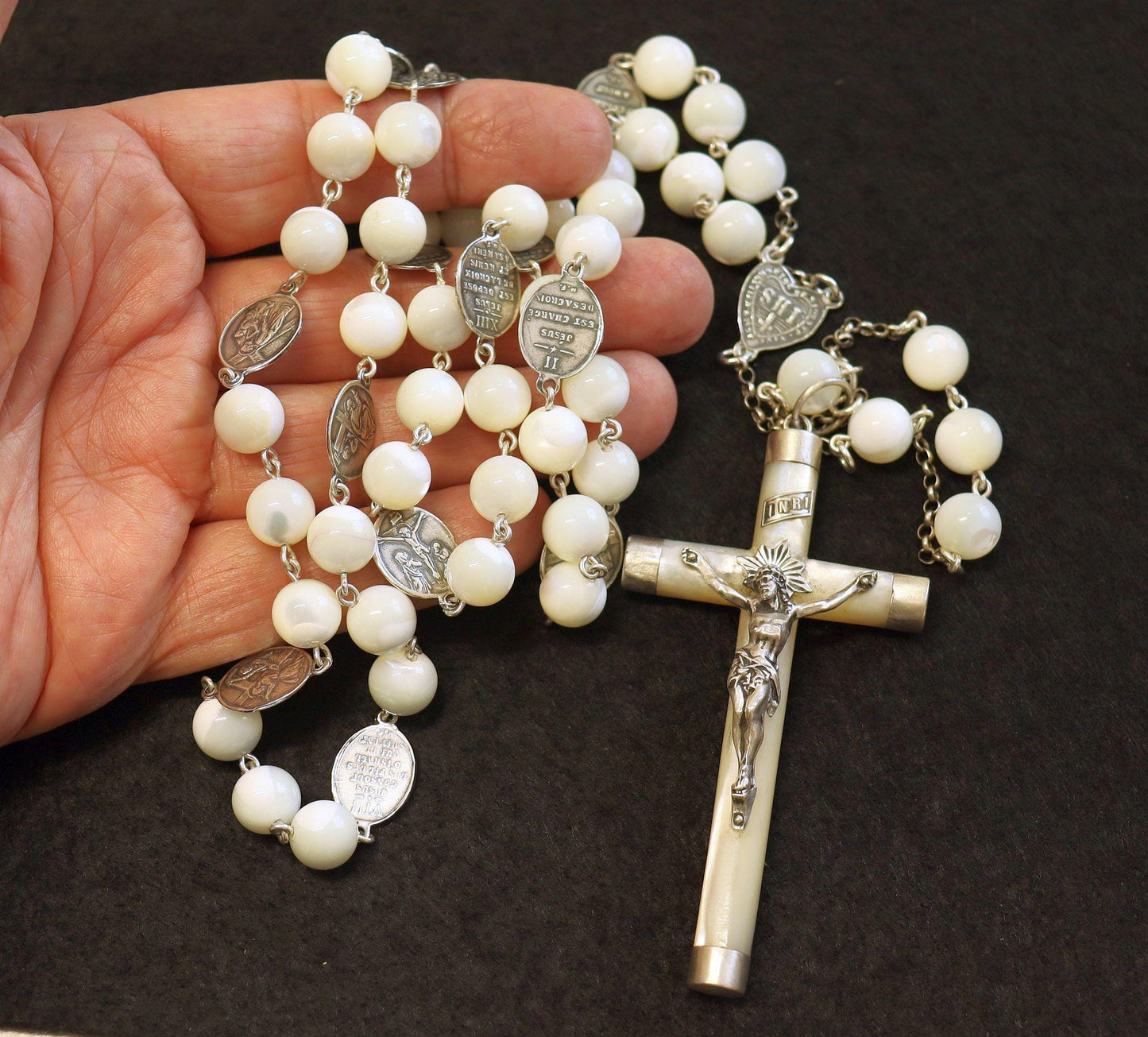 Stations of the Cross Unique Rosary all Vintage Mother Of Pearl w 19th Cent Medals and Art Nouveau Crucifix ALL Sterling Silver