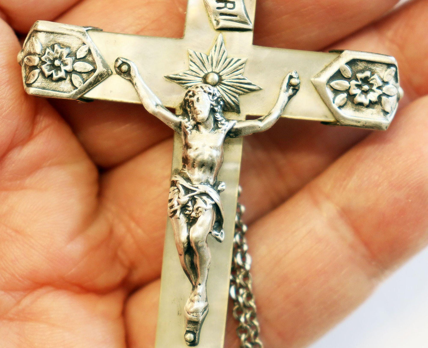 Mother of Pearl & Sterling Pectoral Cross, w chain – Early Art Nouveau - Rare, Pristine
