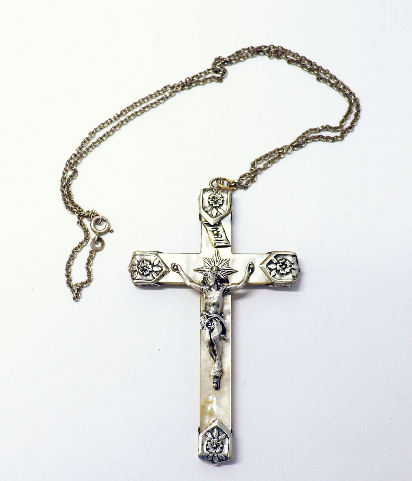 Mother of Pearl & Sterling Pectoral Cross, w chain – Early Art Nouveau - Rare, Pristine