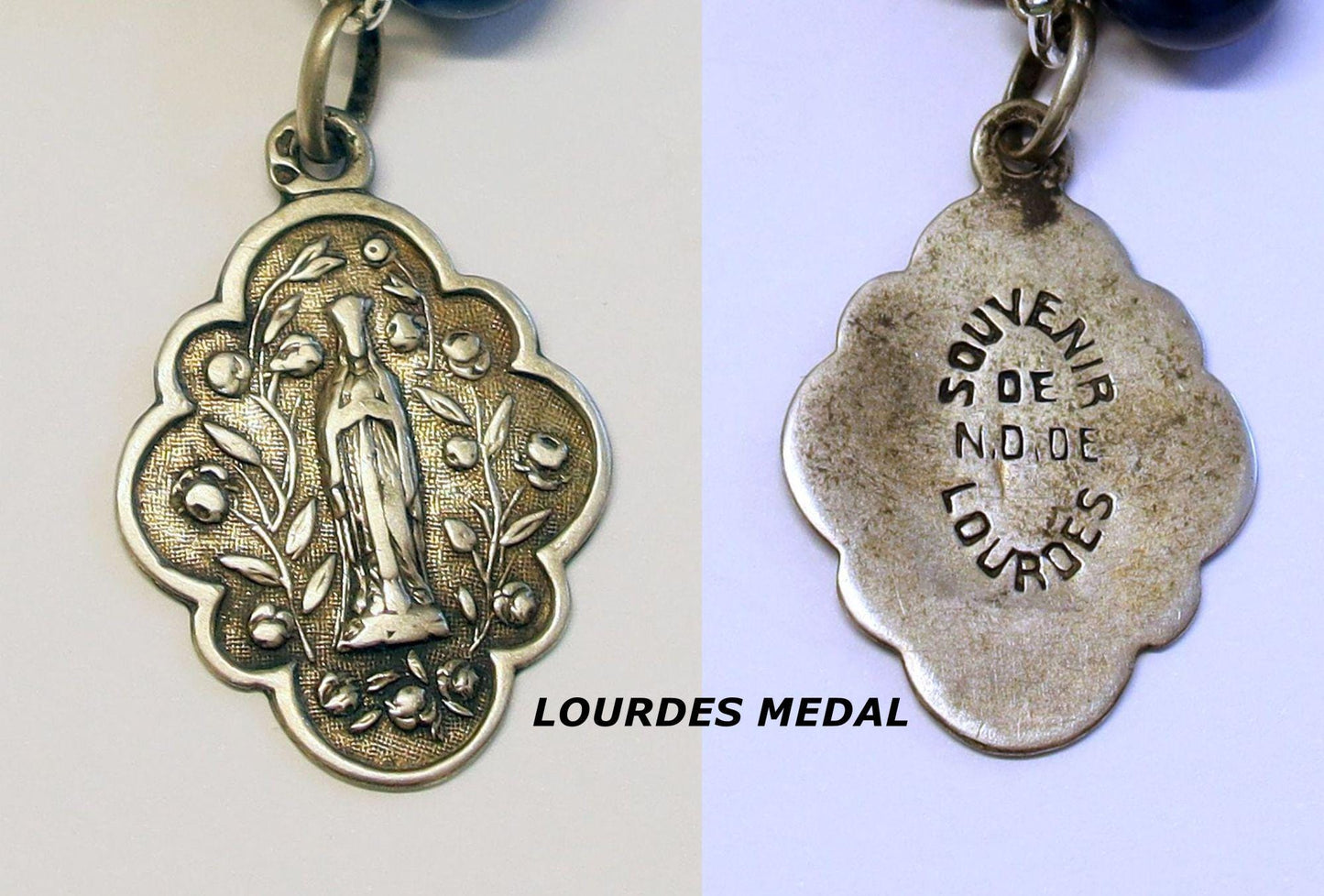 Late 19th Century Lapis Glass and Sterling Catholic Rosary Many Medals – French - Rare