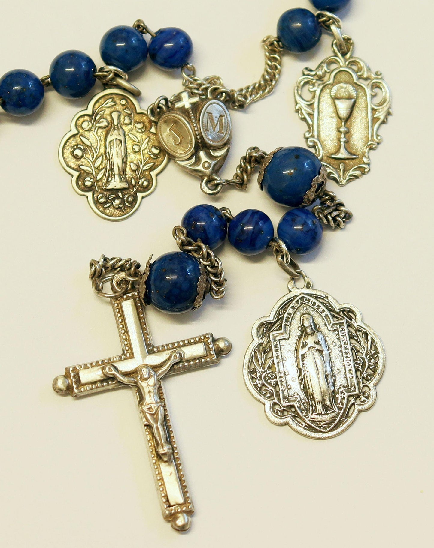 Late 19th Century Lapis Glass and Sterling Catholic Rosary Many Medals – French - Rare