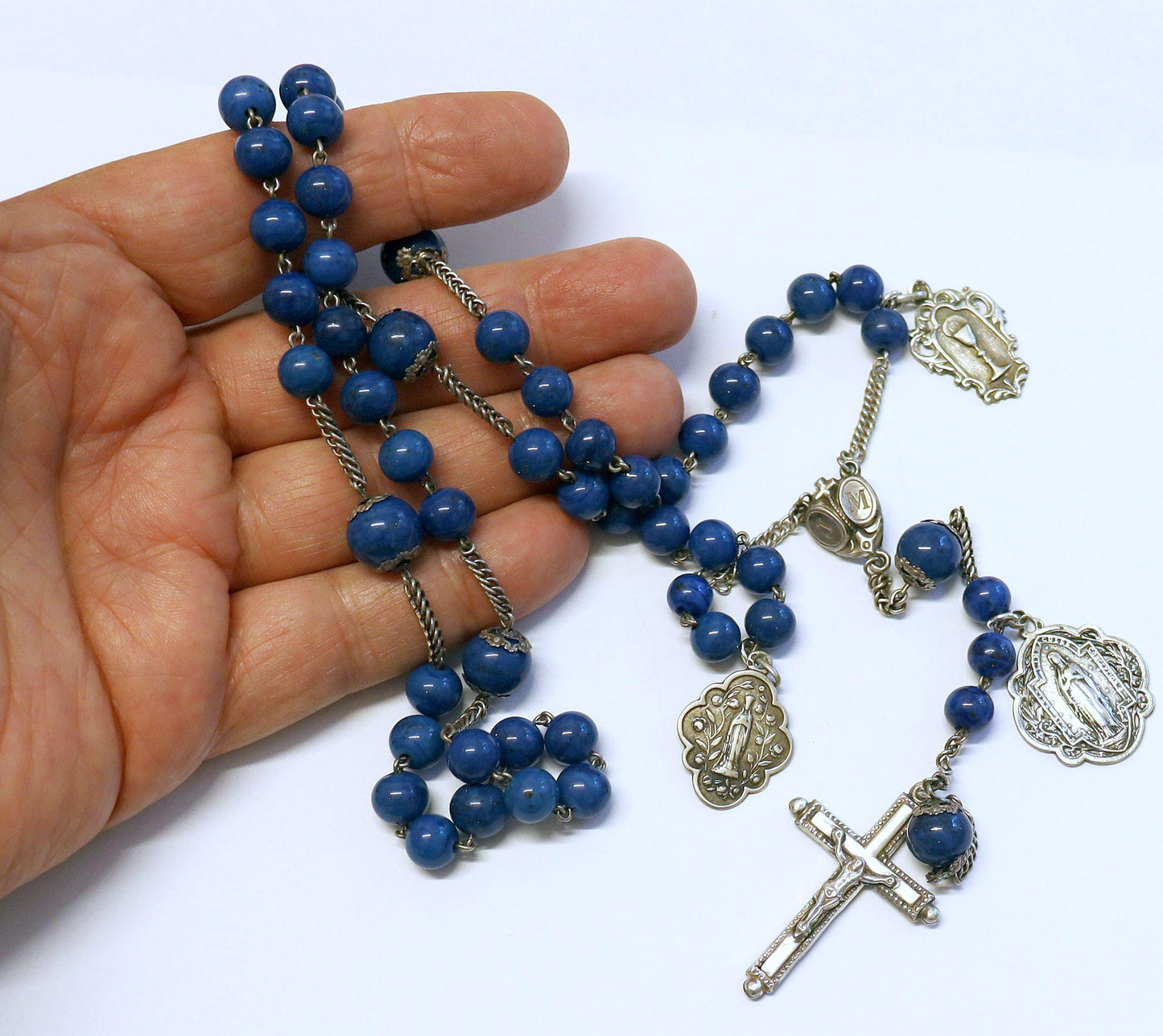 Late 19th Century Lapis Glass and Sterling Catholic Rosary Many Medals – French - Rare