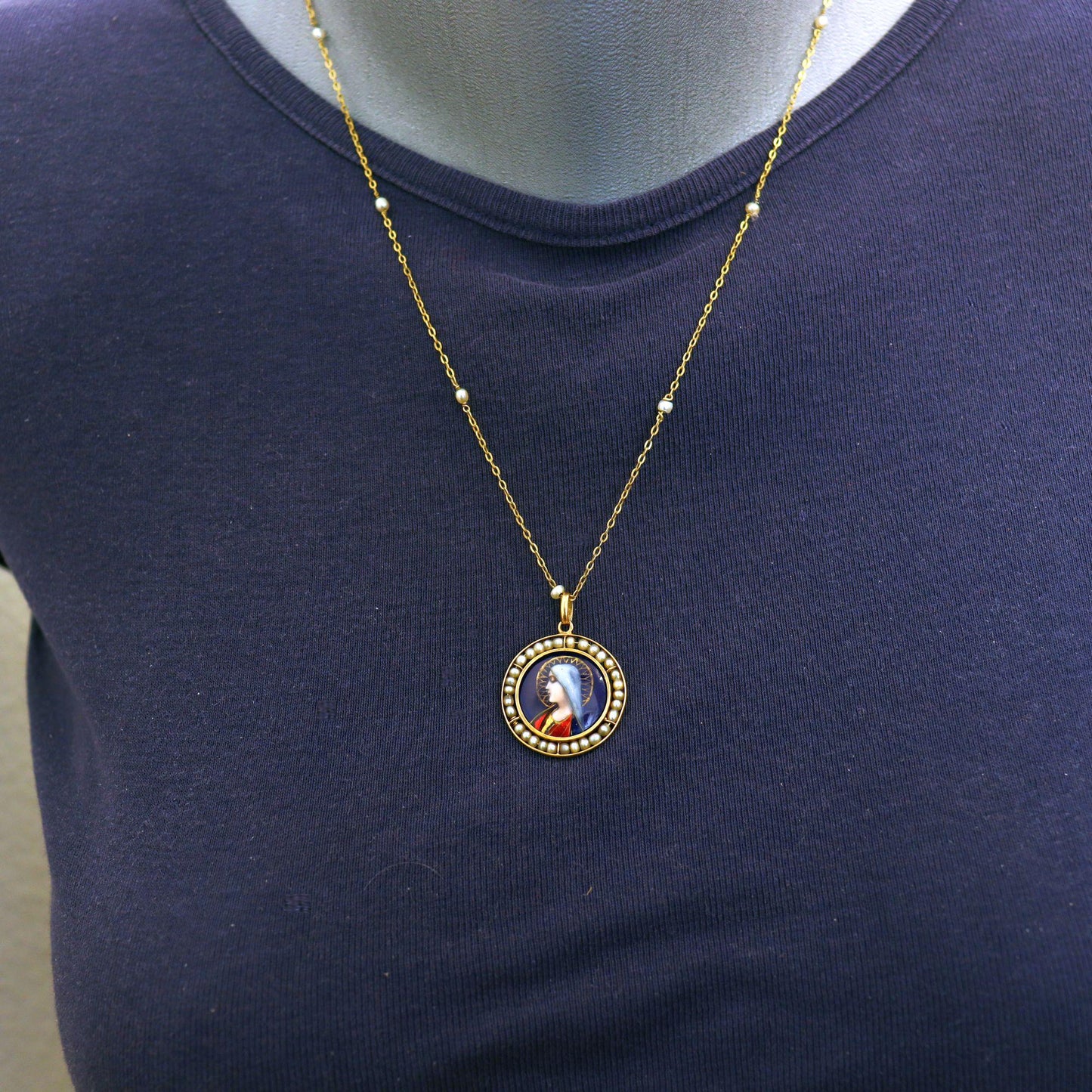 1910's Virgin Medallion Hand Painted Limoges Enamel by G. Legendre w Chain - All 18 K. Gold & Pearls