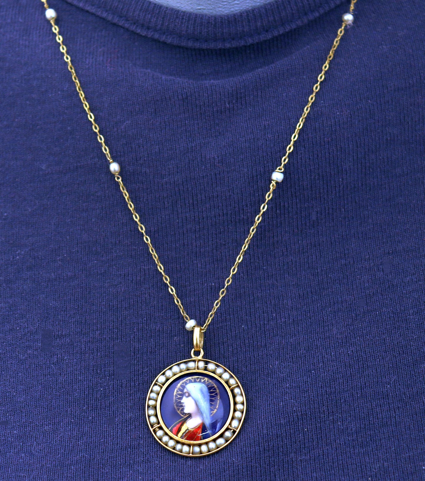1910's Virgin Medallion Hand Painted Limoges Enamel by G. Legendre w Chain - All 18 K. Gold & Pearls