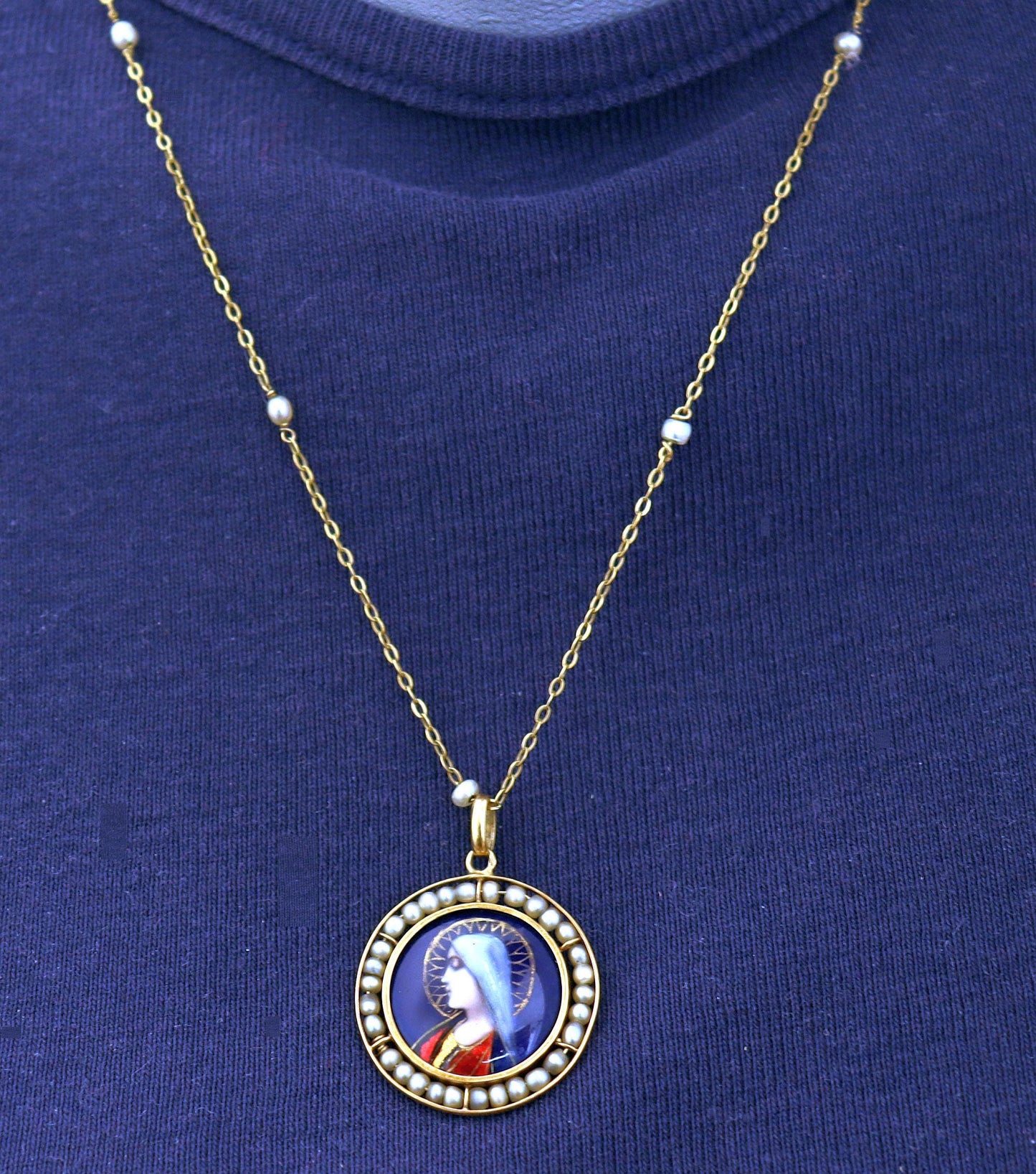 1910s Limoges Enamel Virgin Medallion: 18K Gold & Pearl Pendant by G. Legendre