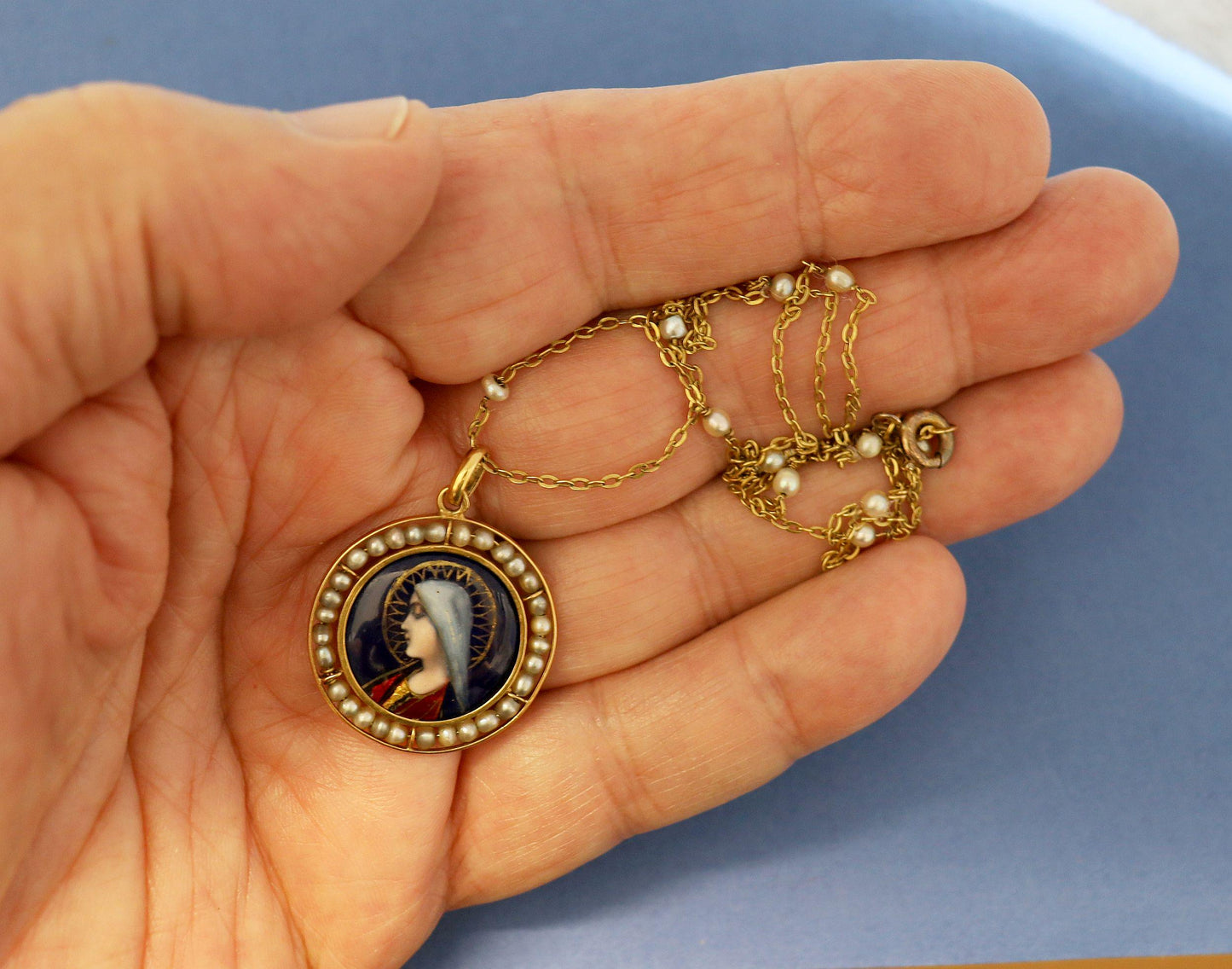 1910's Virgin Medallion Hand Painted Limoges Enamel by G. Legendre w Chain - All 18 K. Gold & Pearls