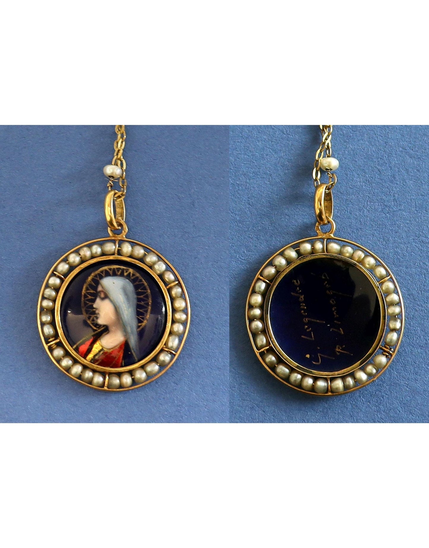 1910's Virgin Medallion Hand Painted Limoges Enamel by G. Legendre w Chain - All 18 K. Gold & Pearls