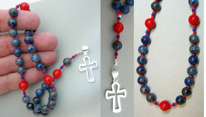 Anglican Episcopal Rosary Prayer Beads : Denim Lapis, Coral and Sterling Silver