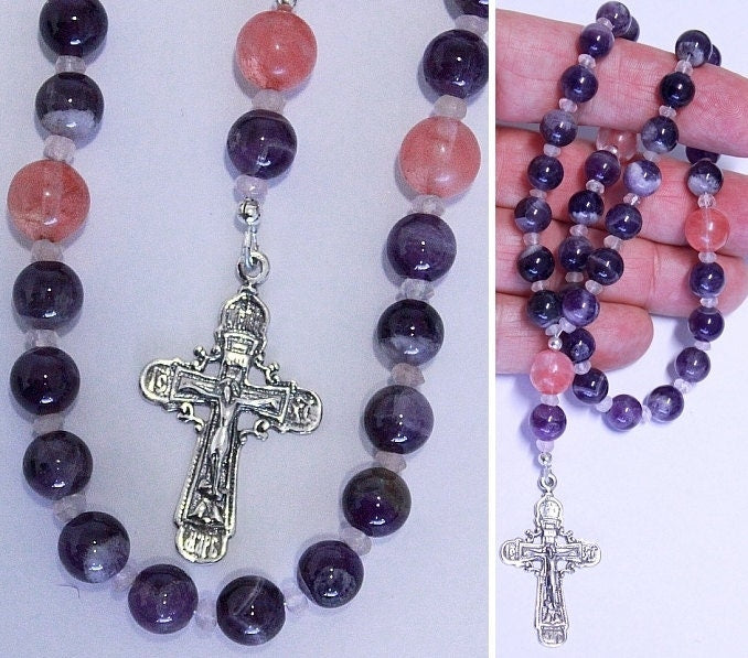 Beaded CHOTKI KOMBOSKINI : Amethyst, Rose Quartz and Sterling - ORTHODOX Rosary