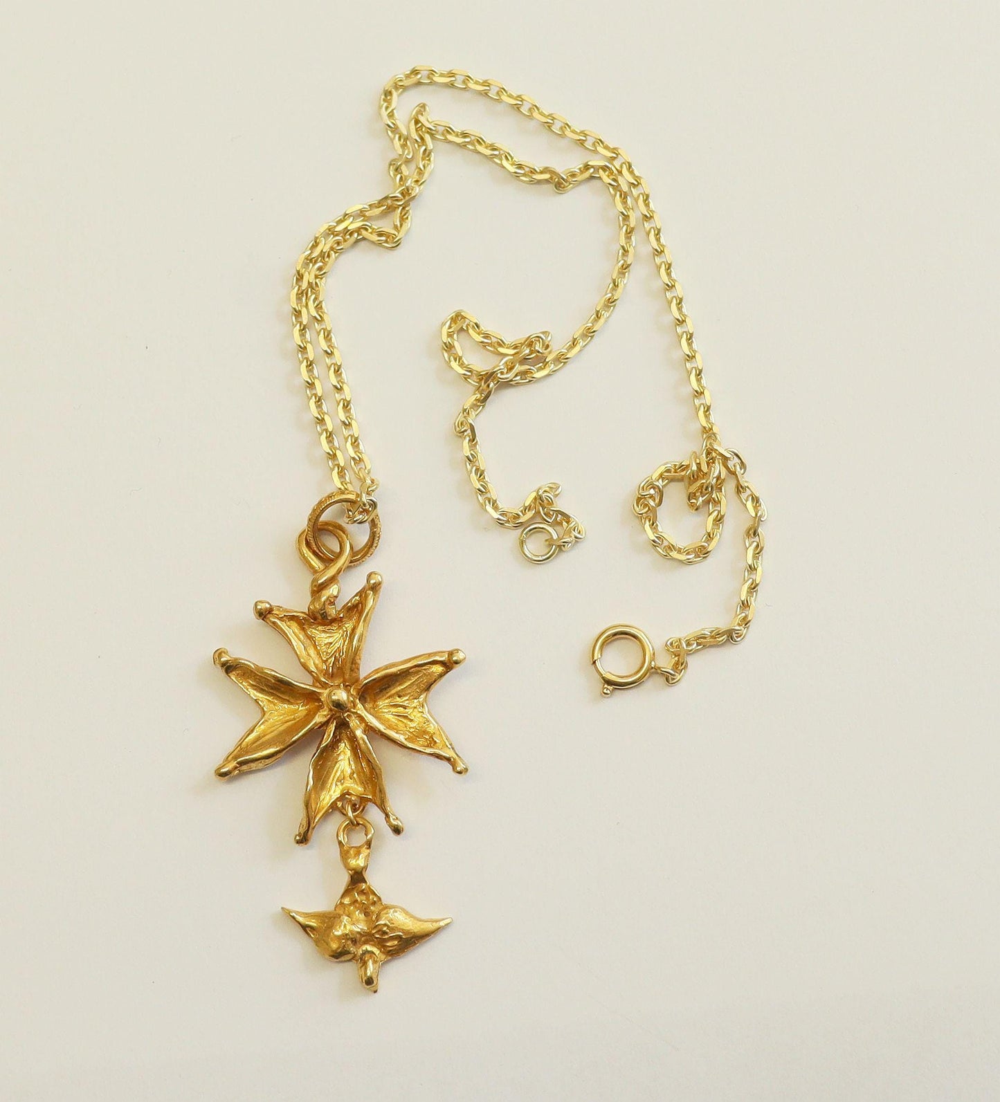 Gold Plated Huguenot Cross Stylized Pendant 1970's Signed by Artist w Chain - XX Rare