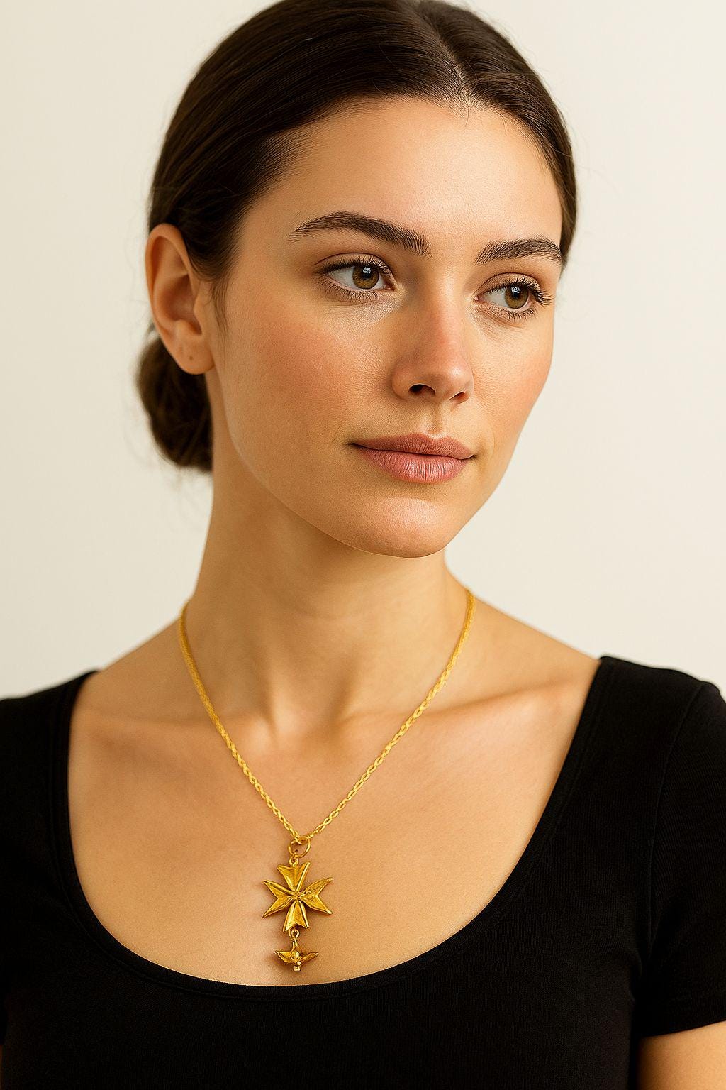 Gold Plated Huguenot Cross Stylized Pendant 1970's Signed by Artist w Chain - XX Rare