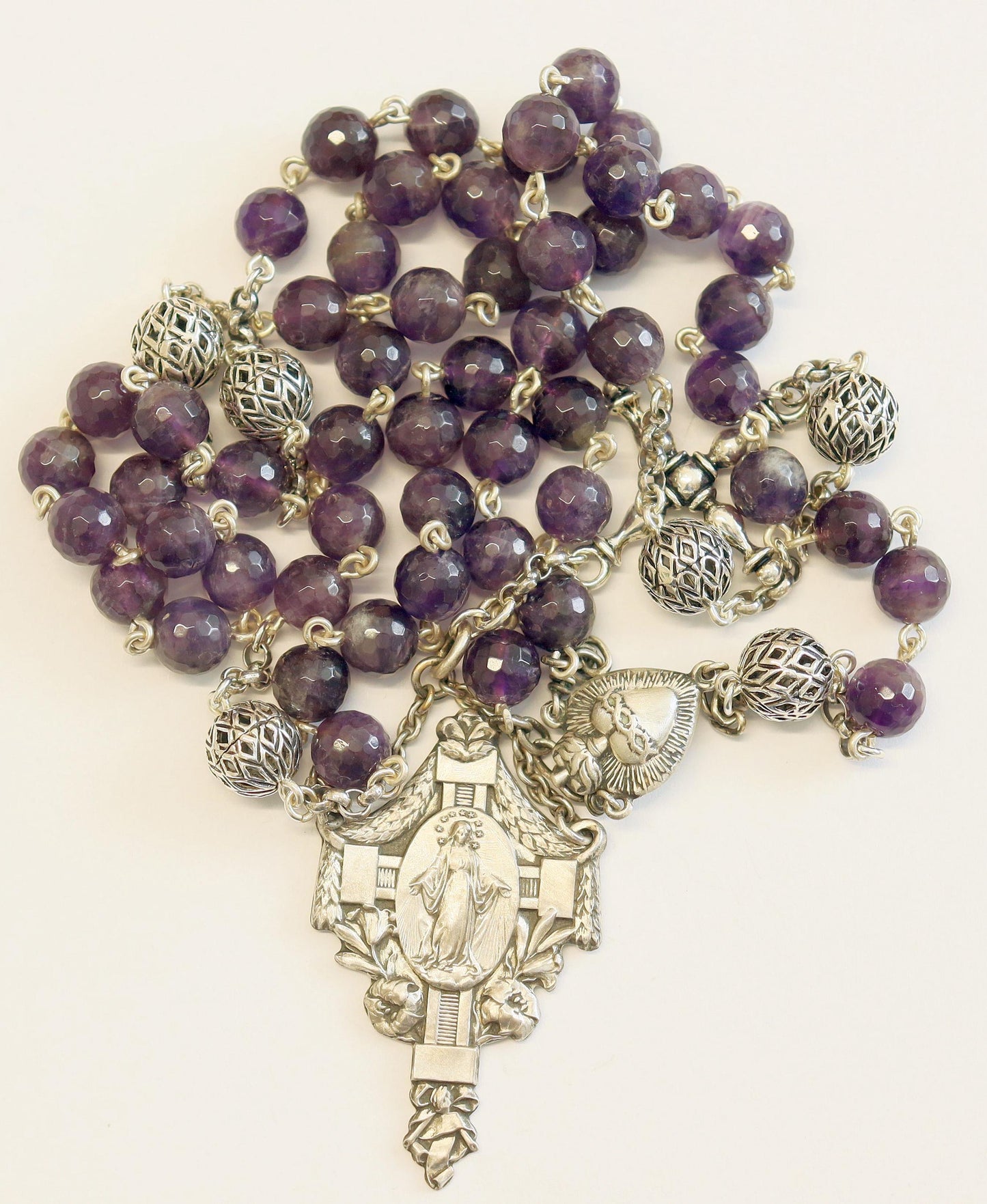 Antique Catholic Rosary Amethyst and Sterling Early 20th Cent- Marian Congregation XX Rarity