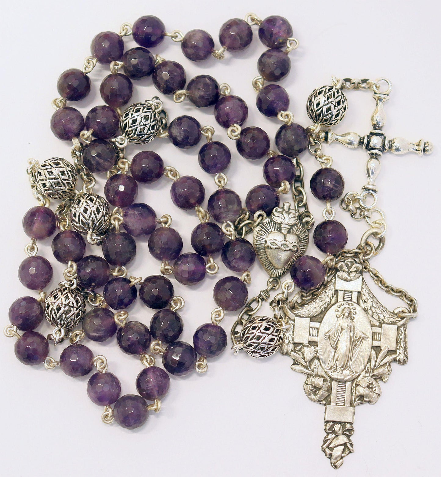 Antique Catholic Rosary Amethyst and Sterling Early 20th Cent- Marian Congregation XX Rarity