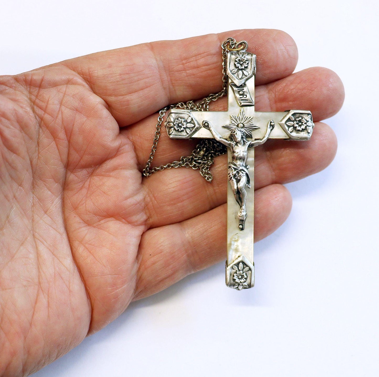 Mother of Pearl & Sterling Pectoral Cross, w chain – Early Art Nouveau - Rare, Pristine