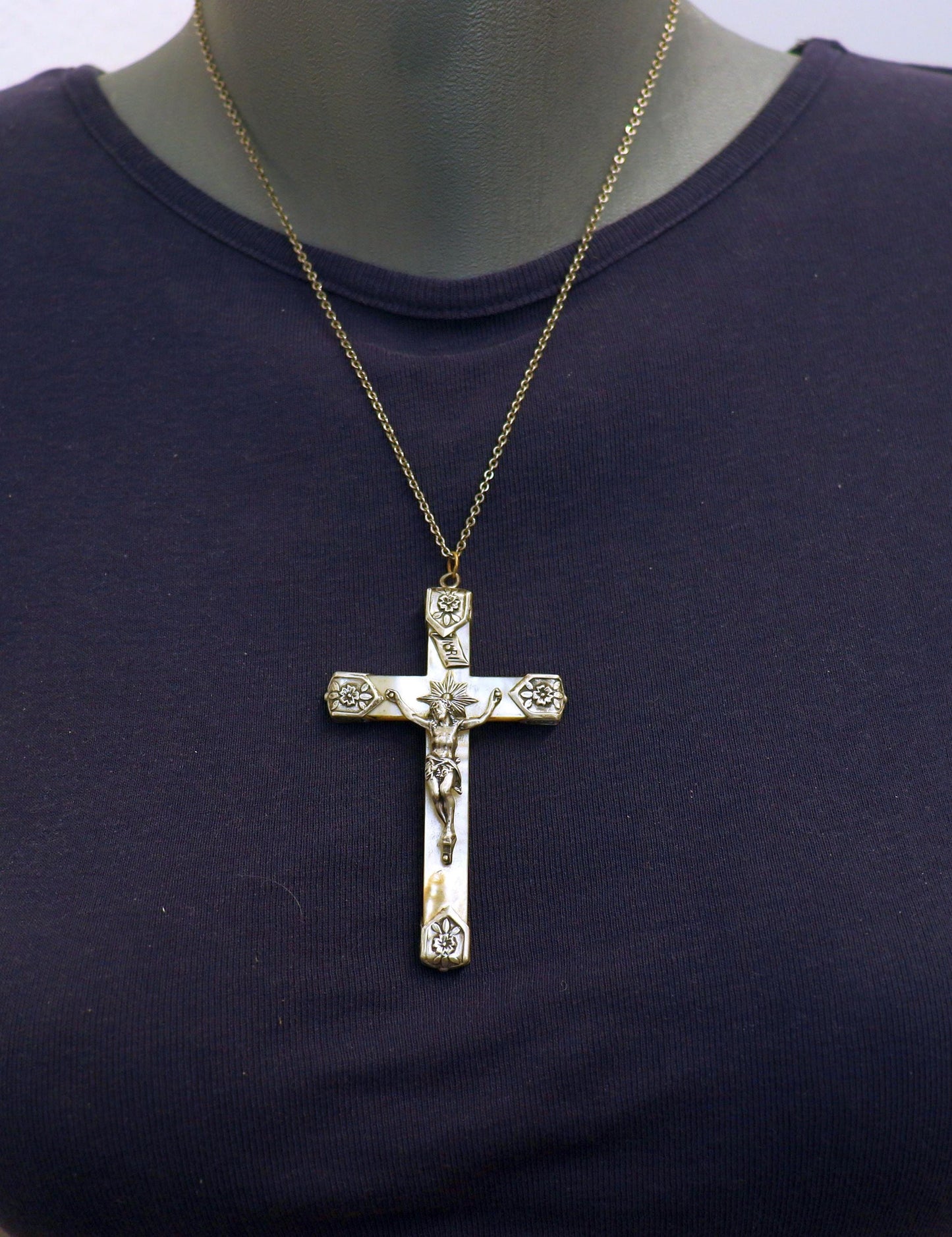 Mother of Pearl & Sterling Pectoral Cross, w chain – Early Art Nouveau - Rare, Pristine