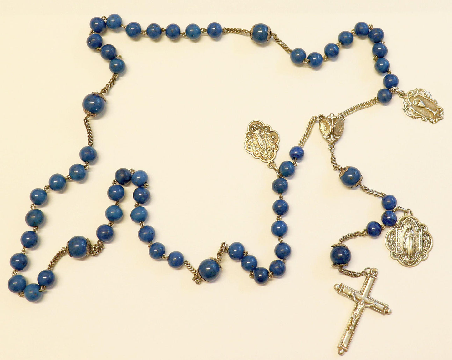 Late 19th Century Lapis Glass and Sterling Catholic Rosary Many Medals – French - Rare