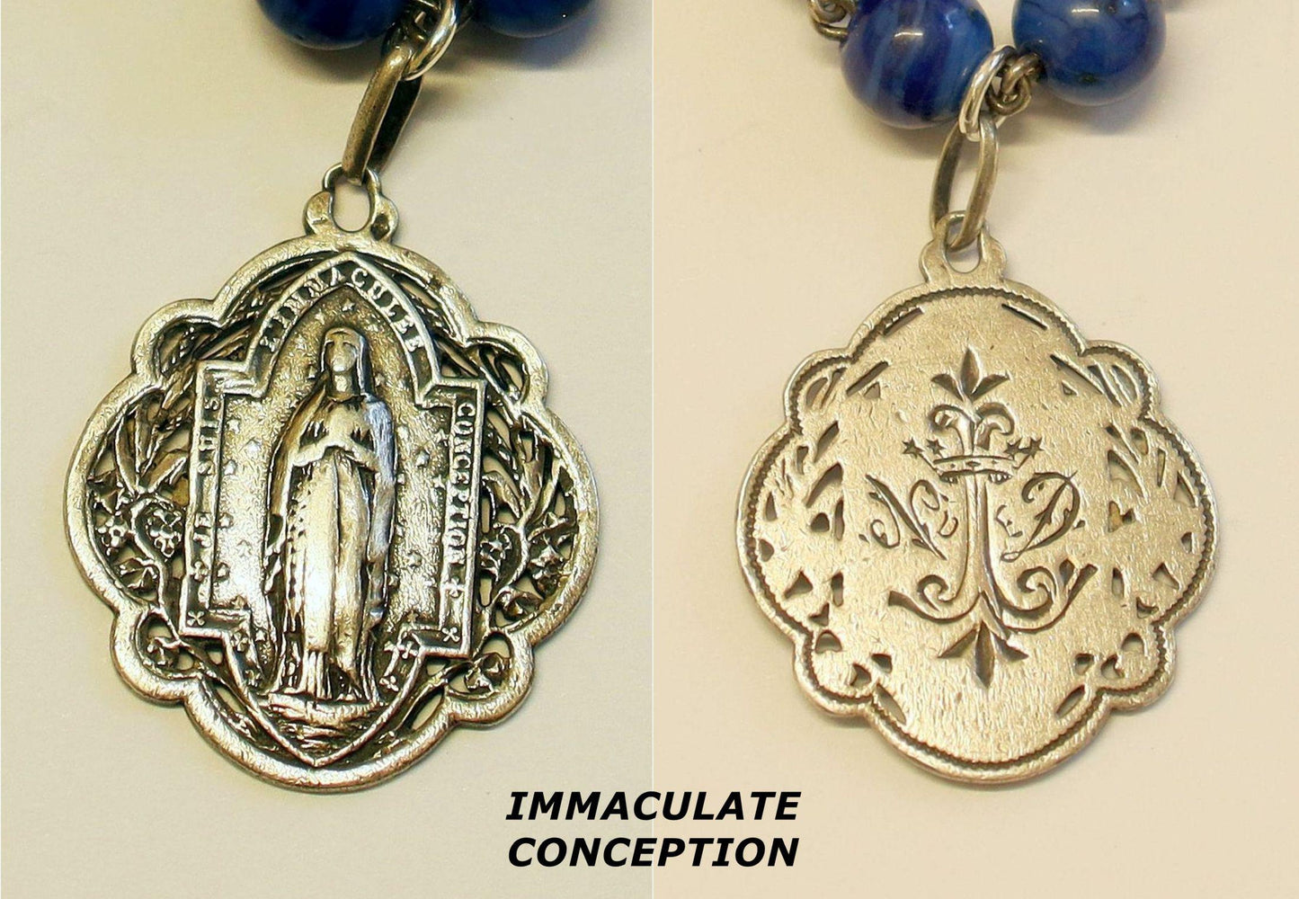 Late 19th Century Lapis Glass and Sterling Catholic Rosary Many Medals – French - Rare