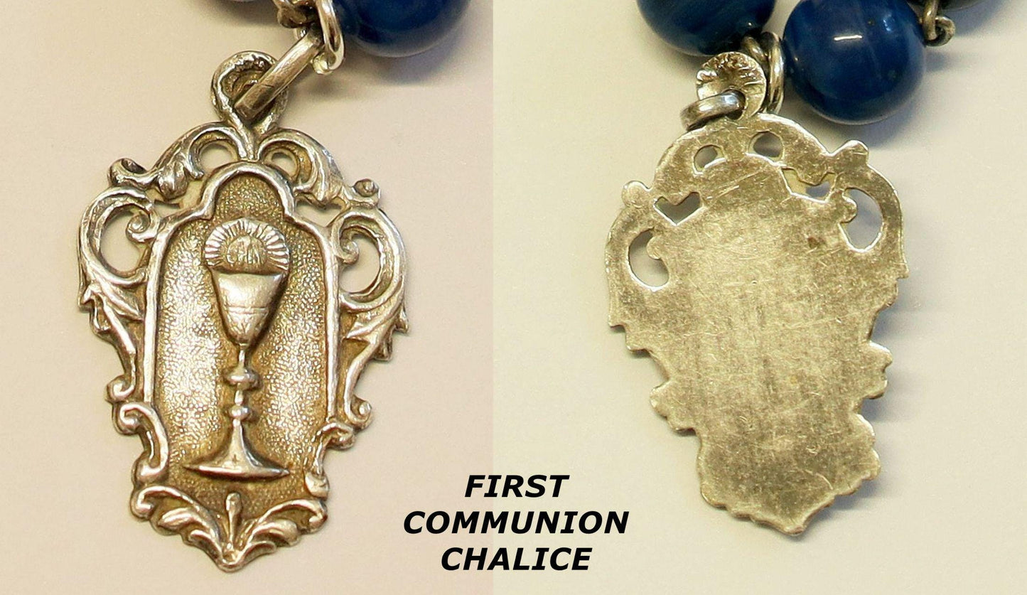 Late 19th Century Lapis Glass and Sterling Catholic Rosary Many Medals – French - Rare