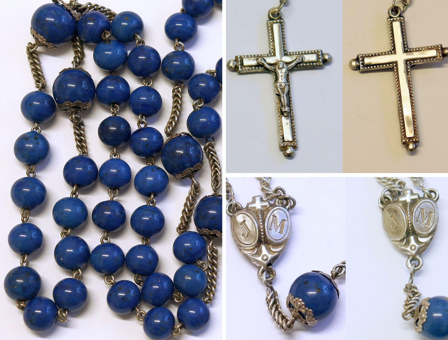 Late 19th Century Lapis Glass and Sterling Catholic Rosary Many Medals – French - Rare