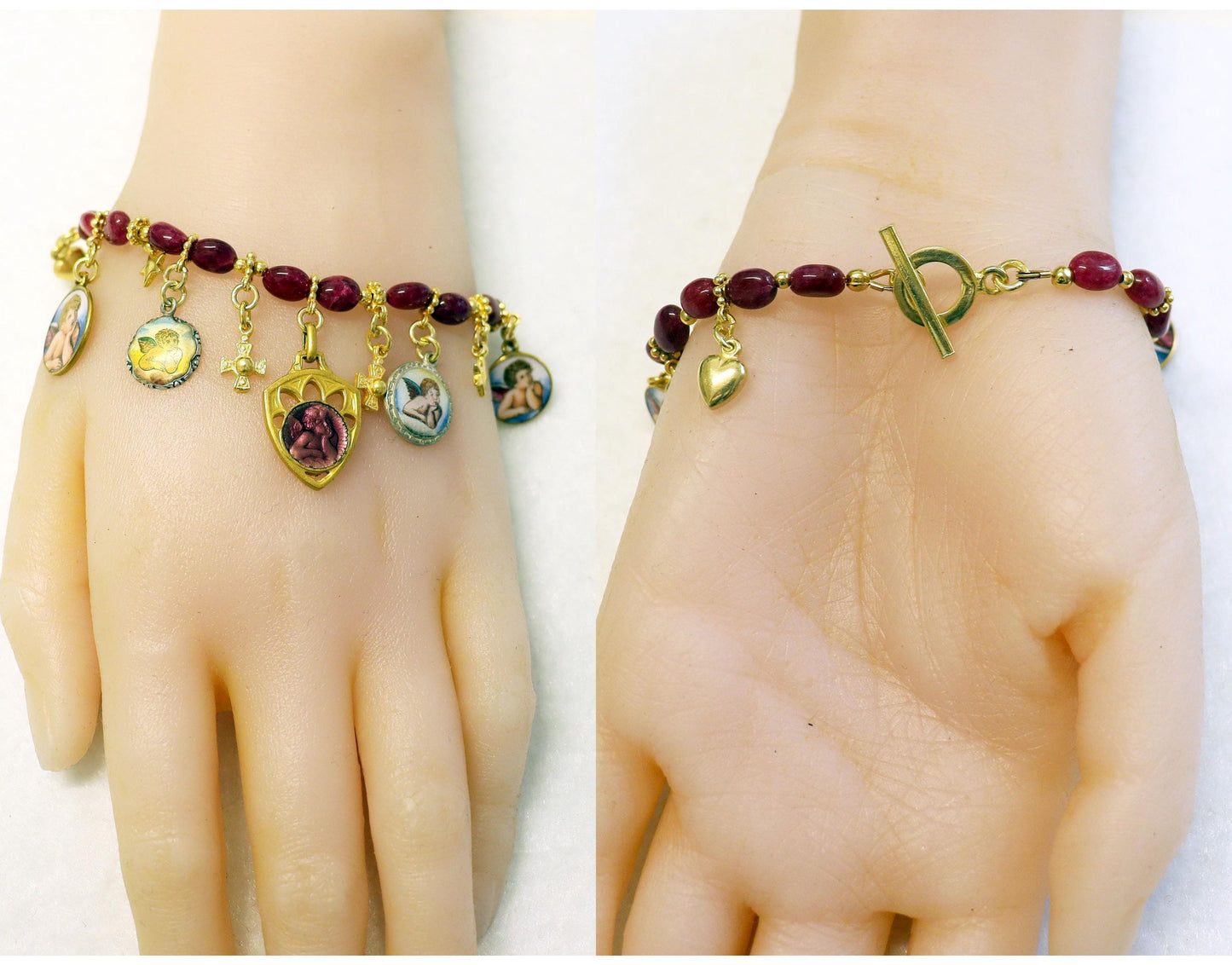 Ruby & Vermeil Bracelet, Vintage Enameled Raphael's Cherub angel Medals, Unique Religious Bracelet, Gold-plated Bracelet, Gift for her
