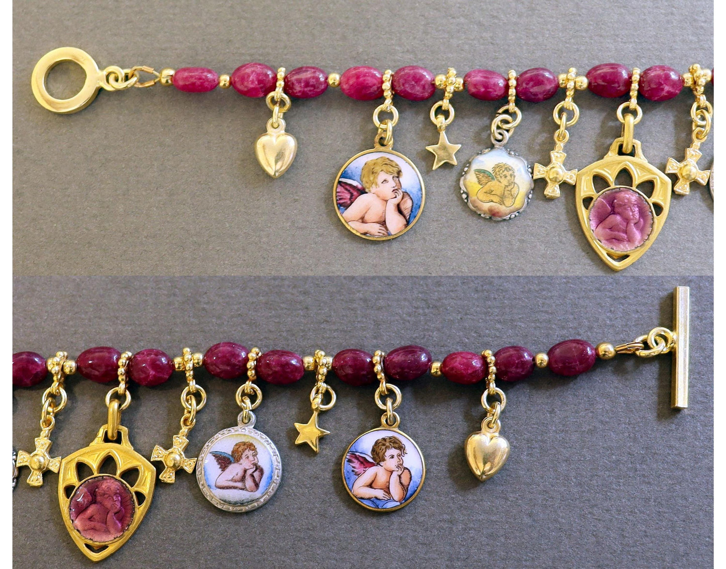 Ruby & Vermeil Bracelet, Vintage Enameled Raphael's Cherub angel Medals, Unique Religious Bracelet, Gold-plated Bracelet, Gift for her