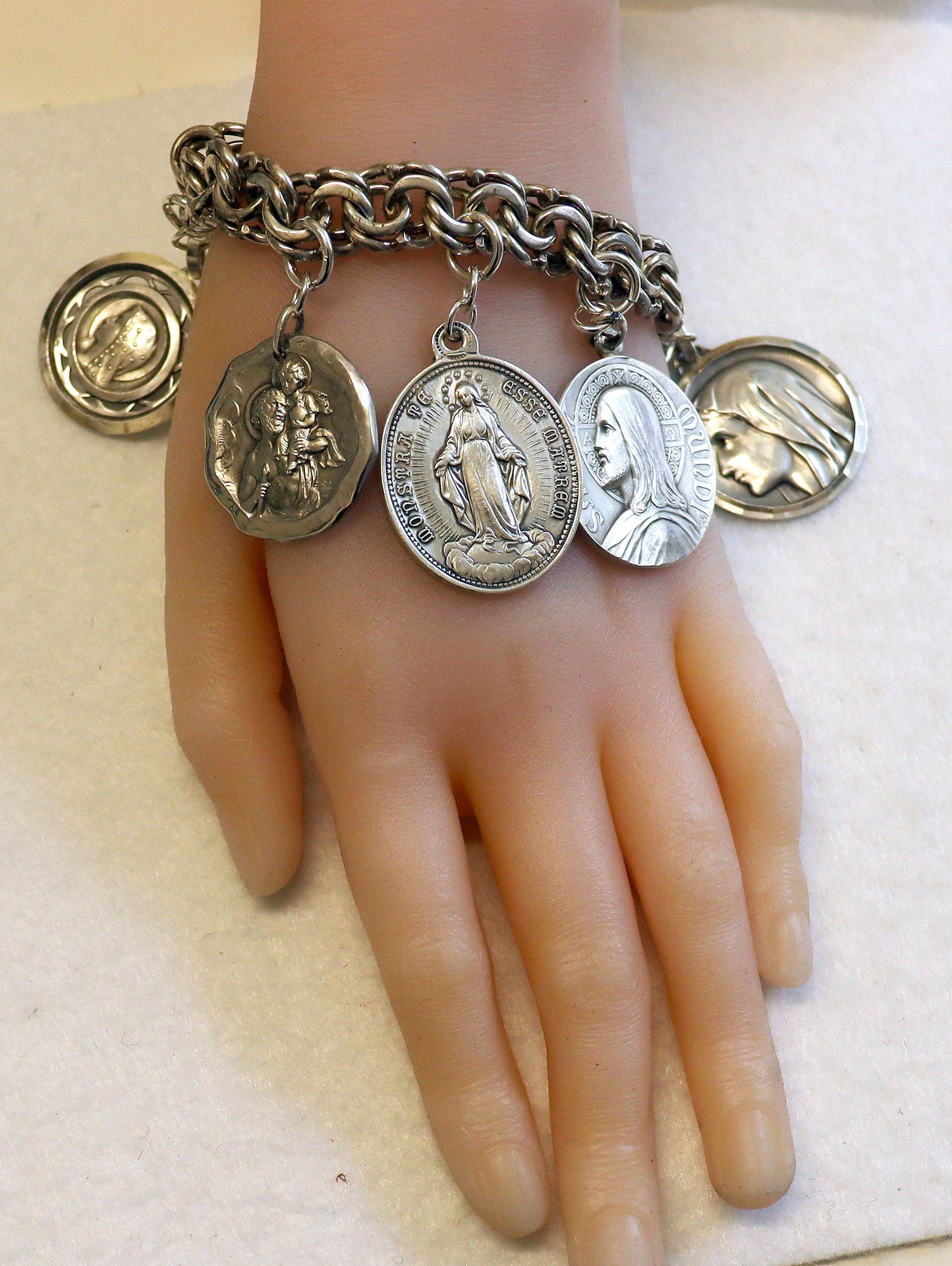 Art Nouveau Bracelet All Sterling Charms w 7 Rare Large Pristine Religious Medals - 1882 -Rare, Heavy, Antique