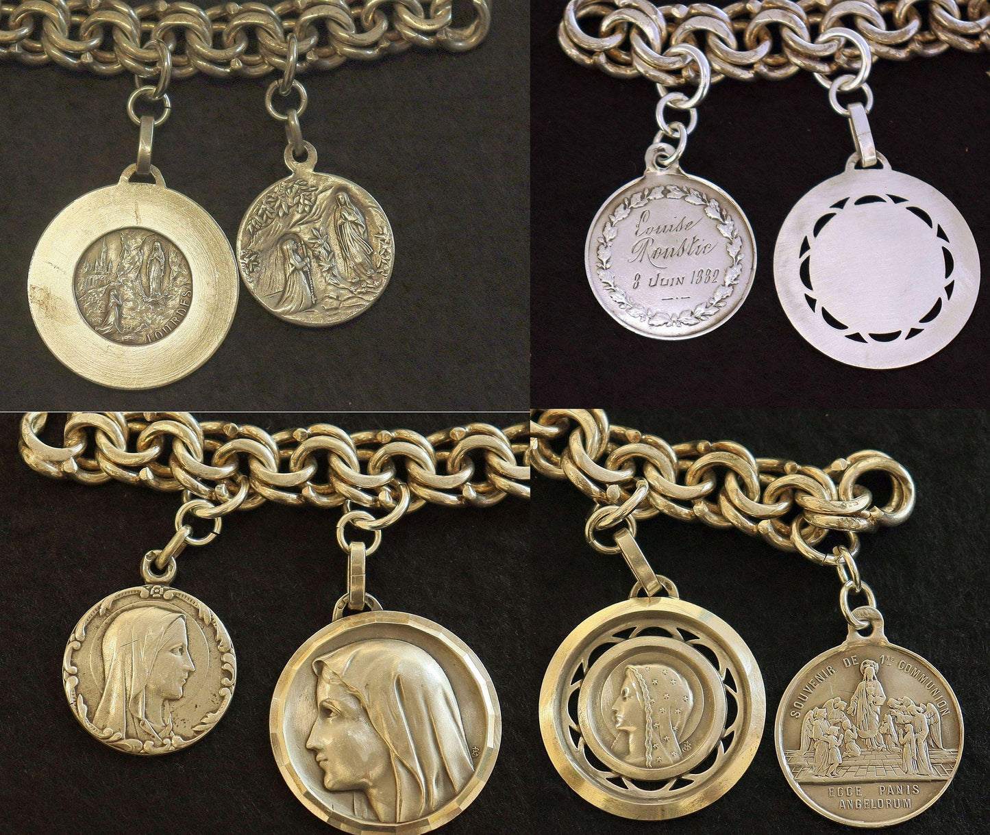 Art Nouveau Bracelet All Sterling Charms w 7 Rare Large Pristine Religious Medals - 1882 -Rare, Heavy, Antique