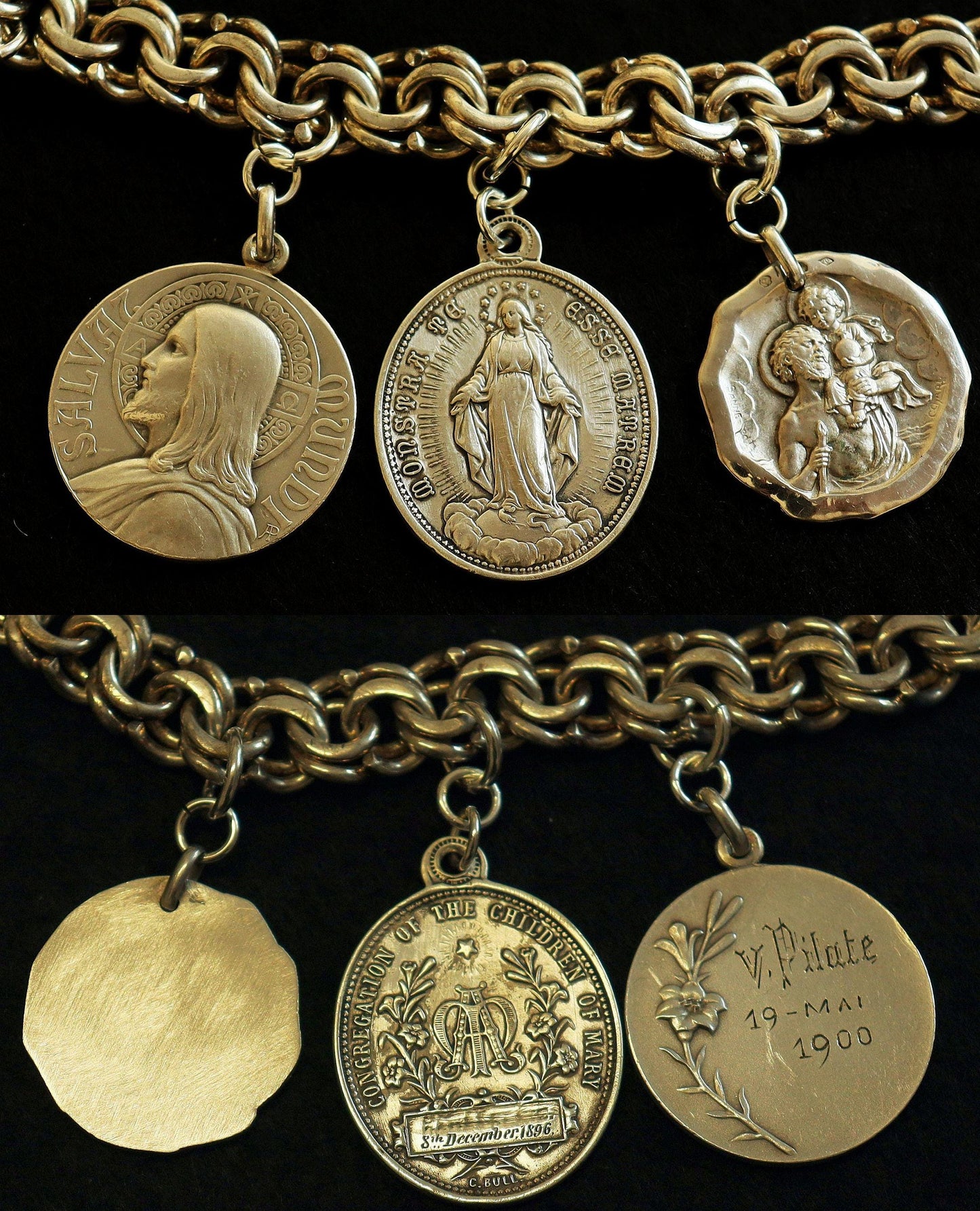 Art Nouveau Bracelet All Sterling Charms w 7 Rare Large Pristine Religious Medals - 1882 -Rare, Heavy, Antique