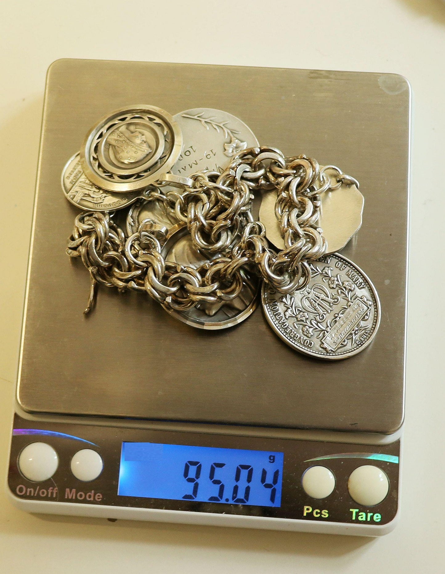 Art Nouveau Bracelet All Sterling Charms w 7 Rare Large Pristine Religious Medals - 1882 -Rare, Heavy, Antique
