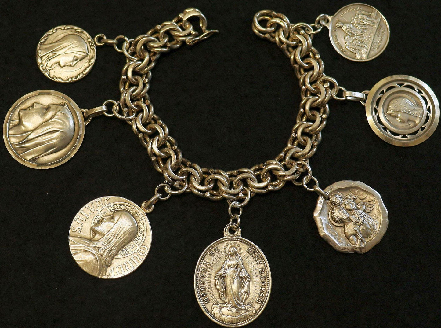 Art Nouveau Bracelet All Sterling Charms w 7 Rare Large Pristine Religious Medals - 1882 -Rare, Heavy, Antique